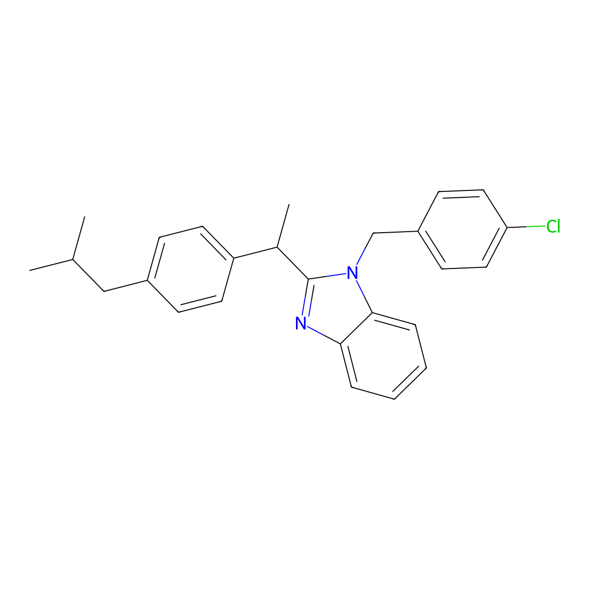 1-[(4-Chlorophenyl)methyl]-2-{[4-(2-methylpropyl)phenyl]ethyl}benzimidazole molecular structure, CAS 615281-28-2