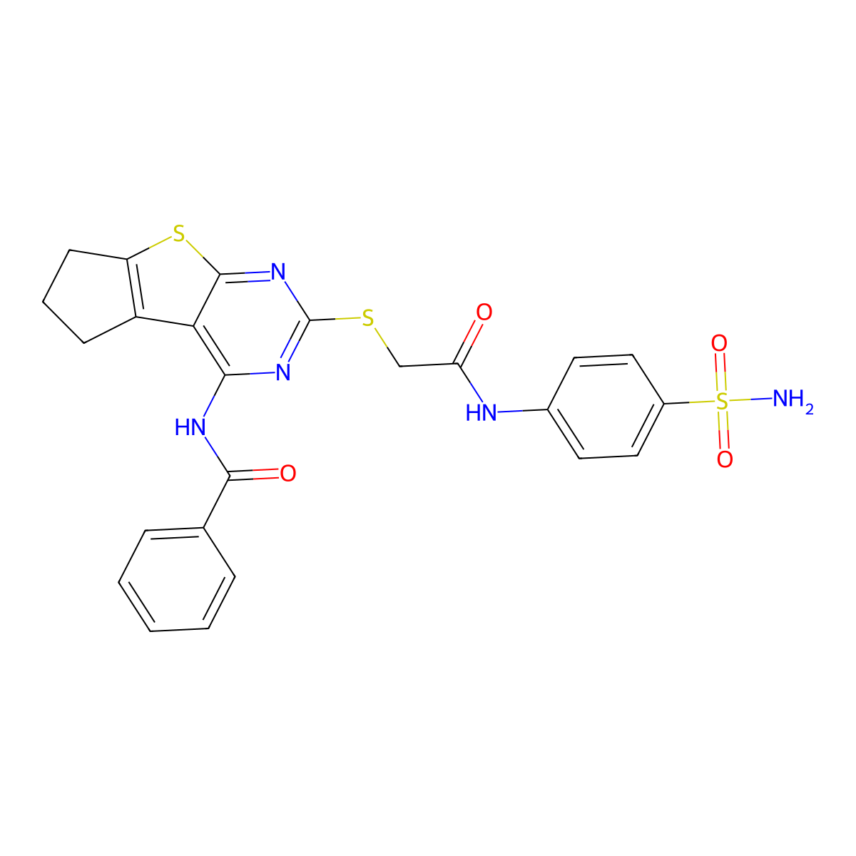 2-[4-(phenylcarbonylamino)(5,6,7-trihydrocyclopenta[1,2-d]pyrimidino[4,5-b]thi ophen-2-ylthio)]-N-(4-sulfamoylphenyl)acetamide molecular structure, CAS 615282-54-7
