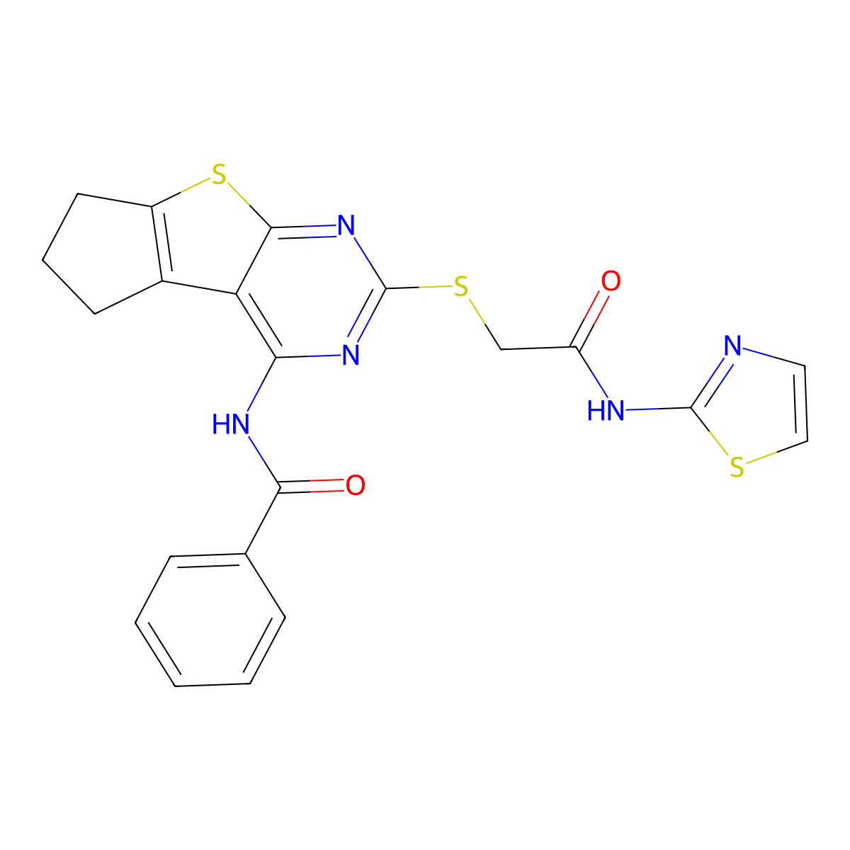2-[4-(phenylcarbonylamino)(5,6,7-trihydrocyclopenta[1,2-d]pyrimidino[4,5-b]thi ophen-2-ylthio)]-N-(1,3-thiazol-2-yl)acetamide molecular structure, CAS 615282-56-9