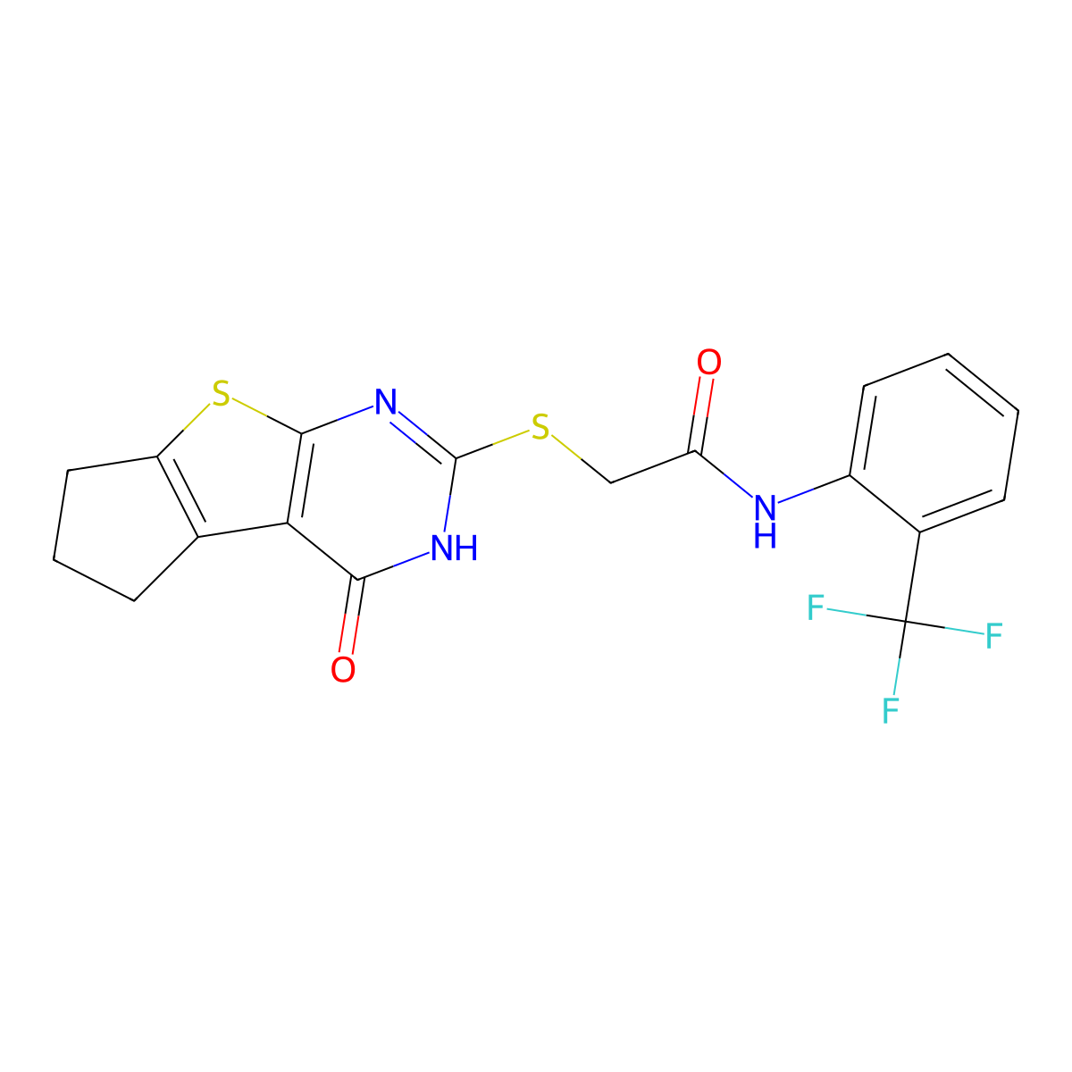 2-(4-oxo(3,5,6,7-tetrahydrocyclopenta[1,2-d]pyrimidino[4,5-b]thiophen-2-ylthio))-N-[2-(trifluoromethyl)phenyl]acetamide molecular structure, CAS 615282-62-7