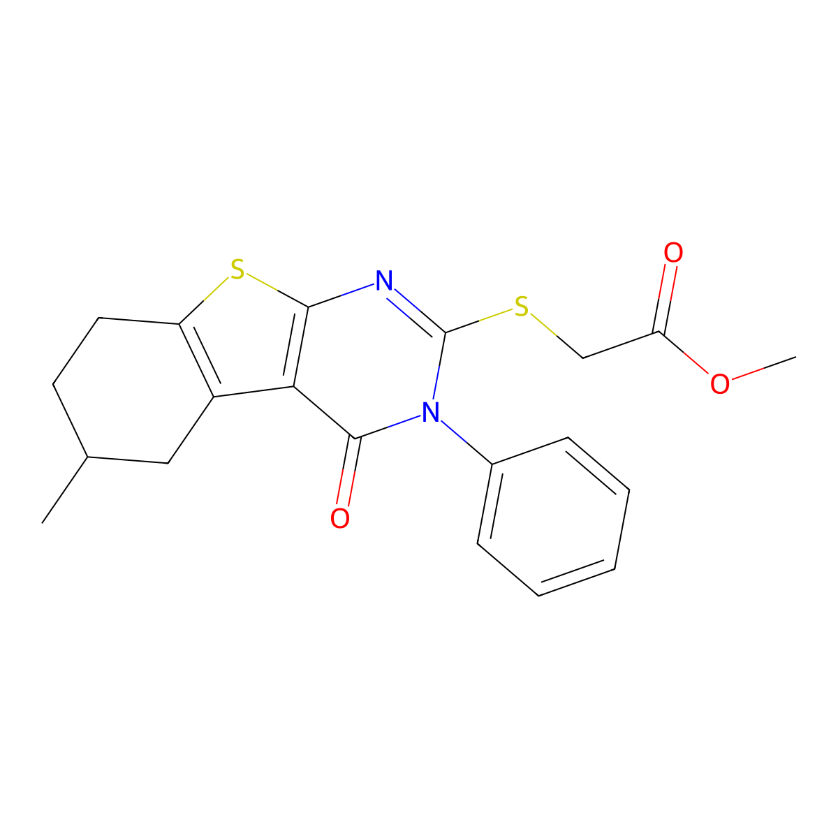 Methyl [(6-methyl-4-oxo-3-phenyl-3,4,5,6,7,8-hexahydro[1]benzothieno[2,3-d]pyrimidin-2-yl)thio]acetate molecular structure, CAS 6153-30-6