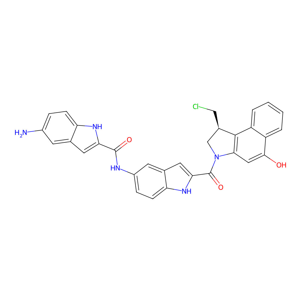 (S)-5-Amino-N-(2-(1-(chloromethyl)-5-hydroxy-2,3-dihydro-1H-benzo[e]indole-3-carbonyl)-1H-indol-5-yl)-1H-indole-2-carboxamide molecular structure, CAS 615538-51-7