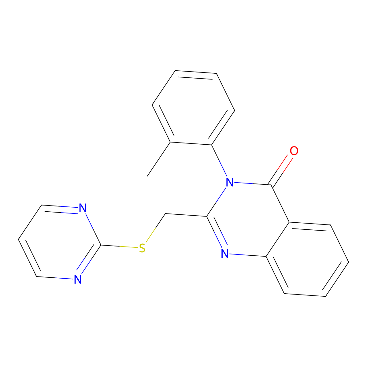 4(3H)-Quinazolinone, 3-(2-methylphenyl)-2-[(2-pyrimidinylthio)methyl]- molecular structure, CAS 61554-83-4