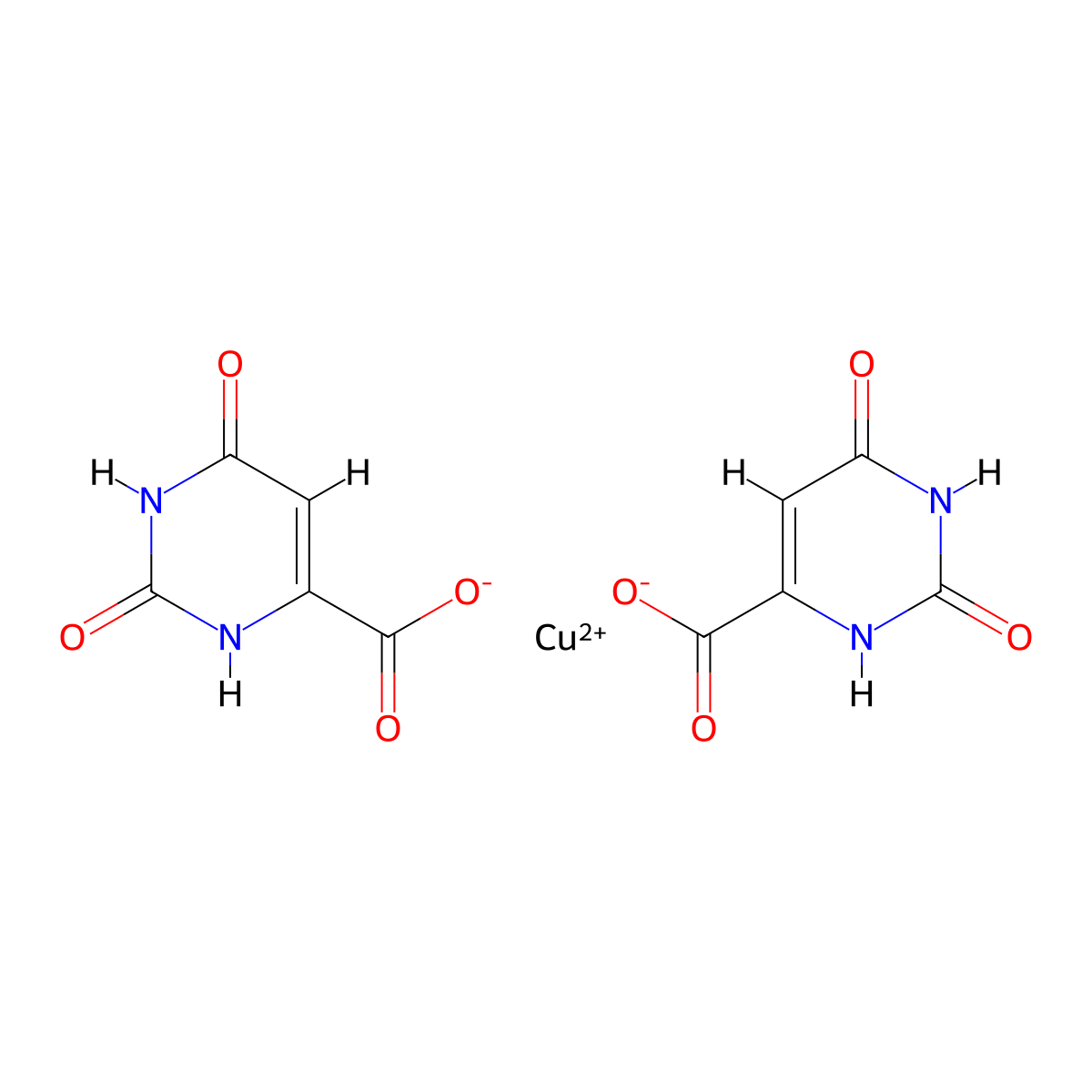 Bis(1,2,3,6-tetrahydro-2,6-dioxo-4-pyrimidinecarboxylato-κN3,κO4)copper molecular structure, CAS 61573-60-2