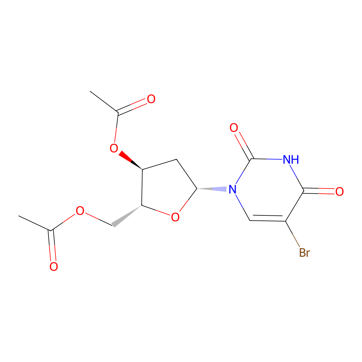 ((2R,3S,5R)-3-Acetoxy-5-(5-bromo-2,4-dioxo-3,4-dihydropyrimidin-1(2H)-yl)tetrahydrofuran-2-yl)methyl acetate molecular structure, CAS 6161-23-5