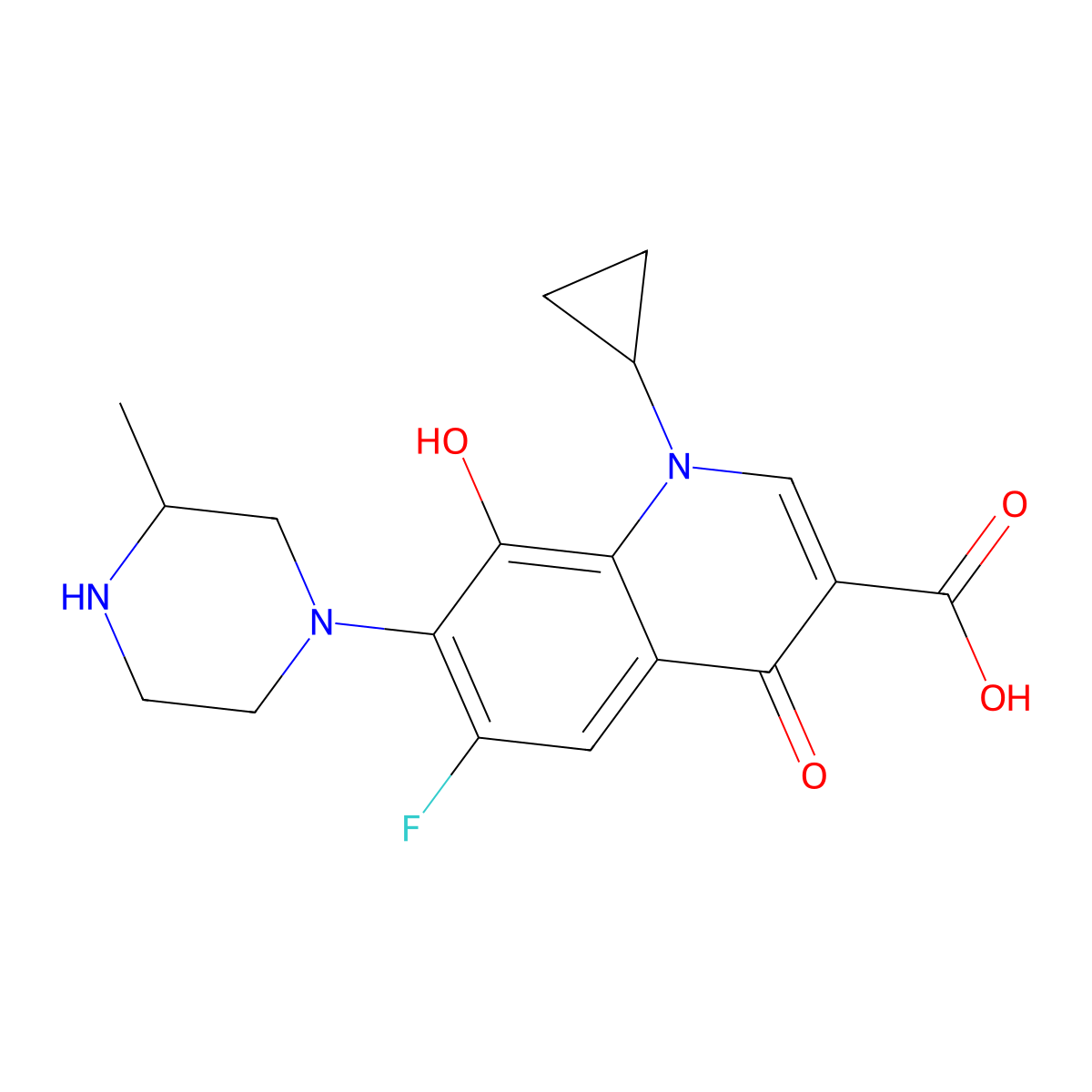 1-Cyclopropyl-6-fluoro-8-hydroxy-7-(3-methylpiperazin-1-yl)-4-oxo-1,4-dihydroquinoline-3-carboxylic acid molecular structure, CAS 616205-76-6
