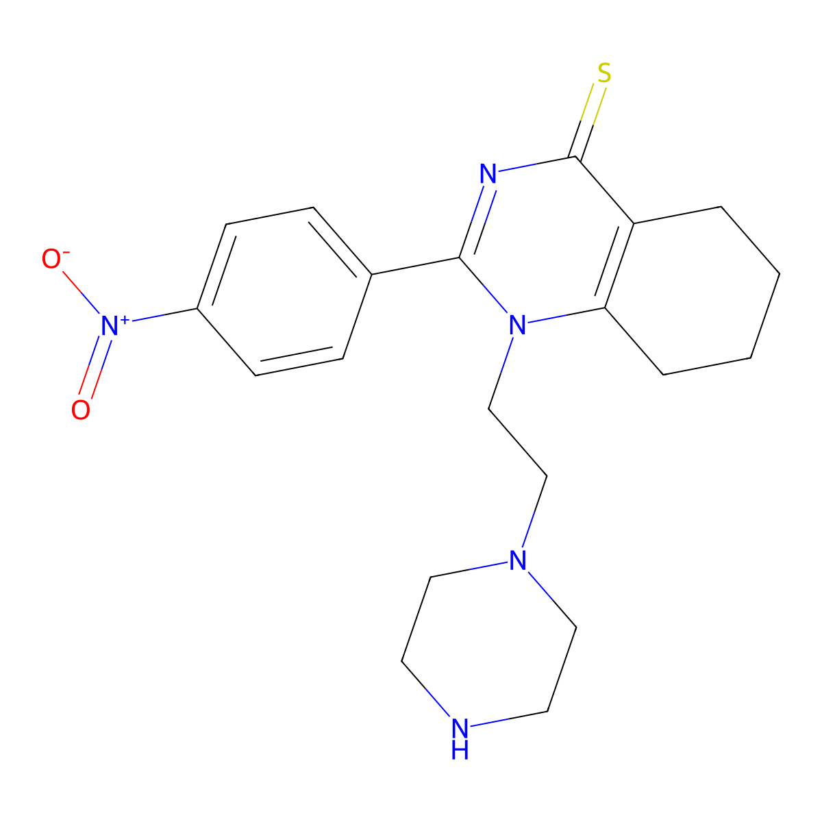 2-(4-nitrophenyl)-1-(2-(piperazin-1-yl)ethyl)-5,6,7,8-tetrahydroquinazoline-4(1H)-thione molecular structure, CAS 616214-22-3