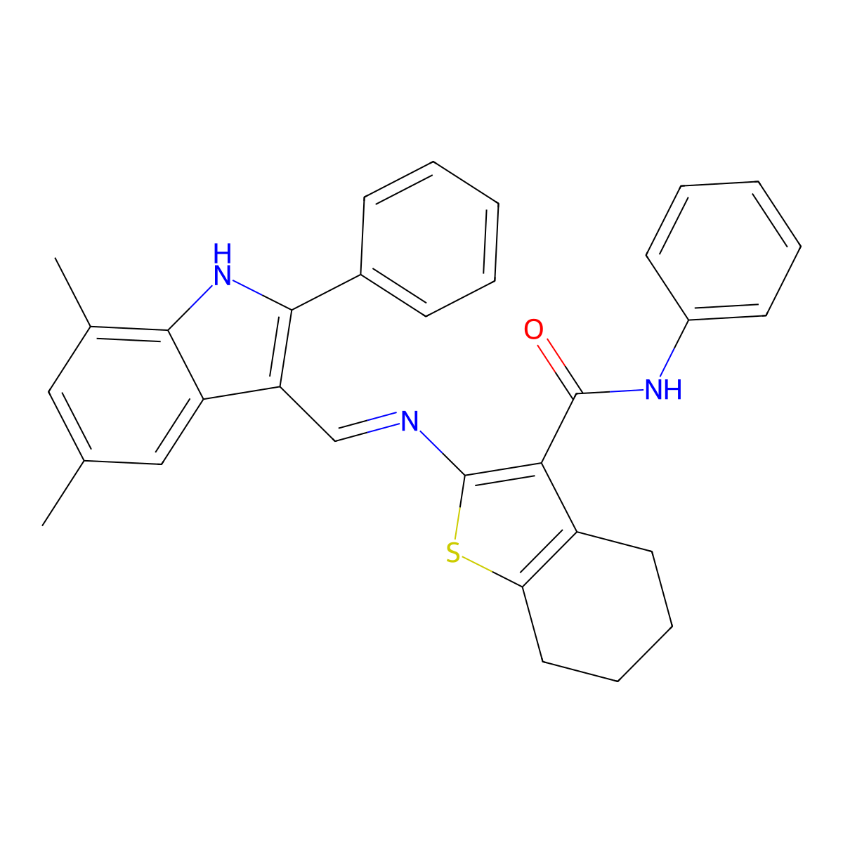2-[(5,7-dimethyl-2-phenyl-1H-indol-3-yl)methylideneamino]-N-phenyl-4,5,6,7-tetrahydro-1-benzothiophene-3-carboxamide molecular structure, CAS 6163-85-5