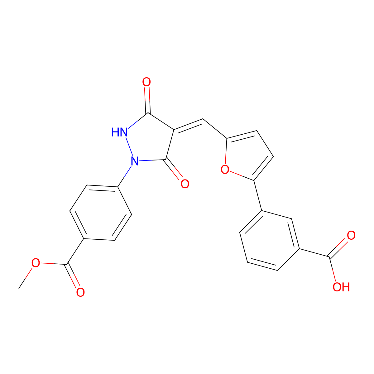 3-[5-({1-[4-(Methoxycarbonyl)phenyl]-3,5-dioxopyrazolidin-4-ylidene}methyl)furan-2-yl]benzoic acid molecular structure, CAS 6167-12-0