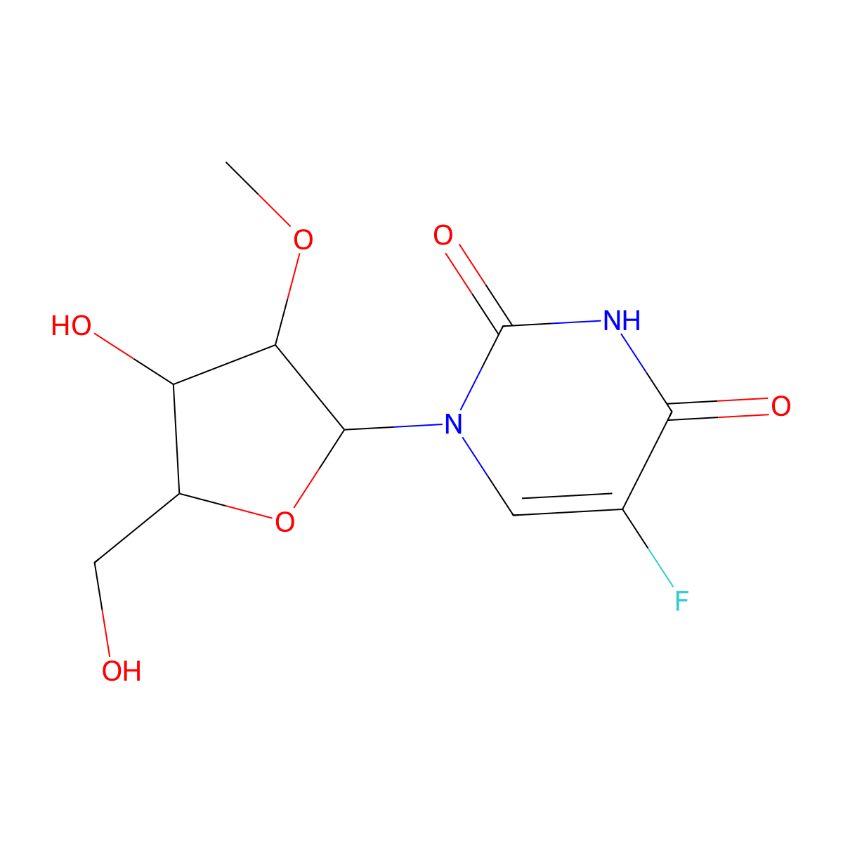 5-fluoro-1-[(2R,3R,4R,5R)-4-hydroxy-5-(hydroxymethyl)-3-methoxyoxolan-2-yl]pyrimidine-2,4-dione molecular structure, CAS 61671-80-5