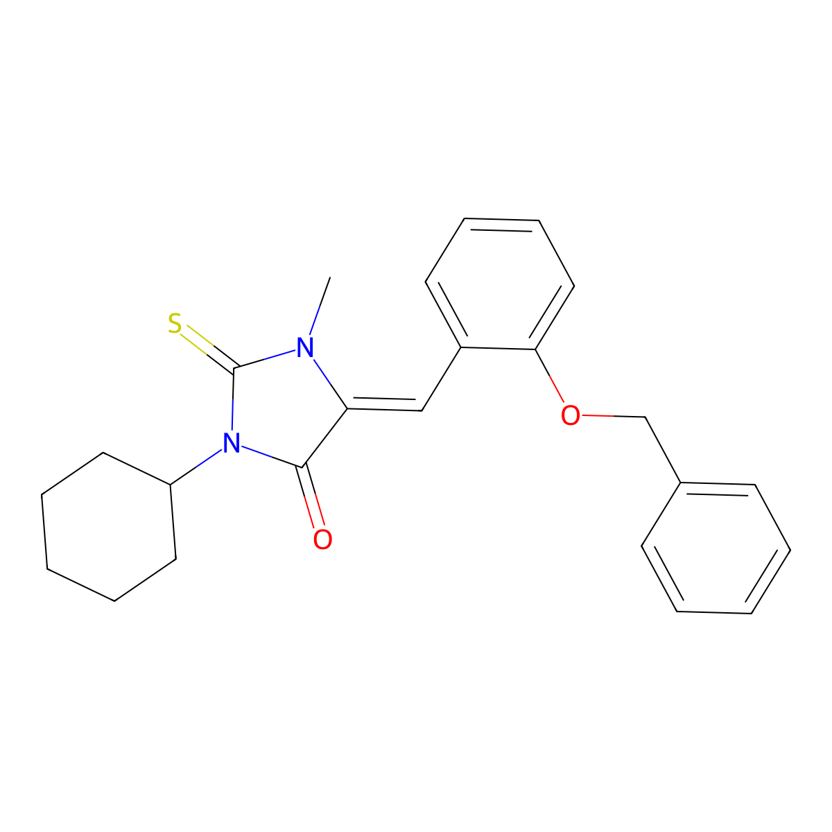 3-Cyclohexyl-1-methyl-5-[(2-phenylmethoxyphenyl)methylidene]-2-sulfanylideneimidazolidin-4-one molecular structure, CAS 6170-35-0