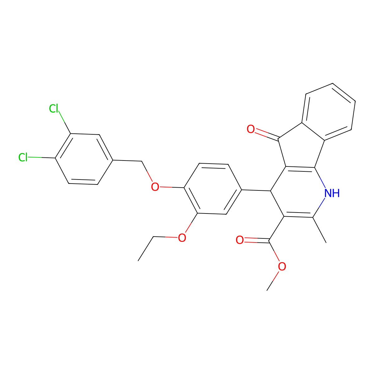 Methyl 4-[4-[(3,4-dichlorophenyl)methoxy]-3-ethoxyphenyl]-2-methyl-5-oxo-1,4-dihydroindeno[1,2-b]pyridine-3-carboxylate molecular structure, CAS 6170-92-9