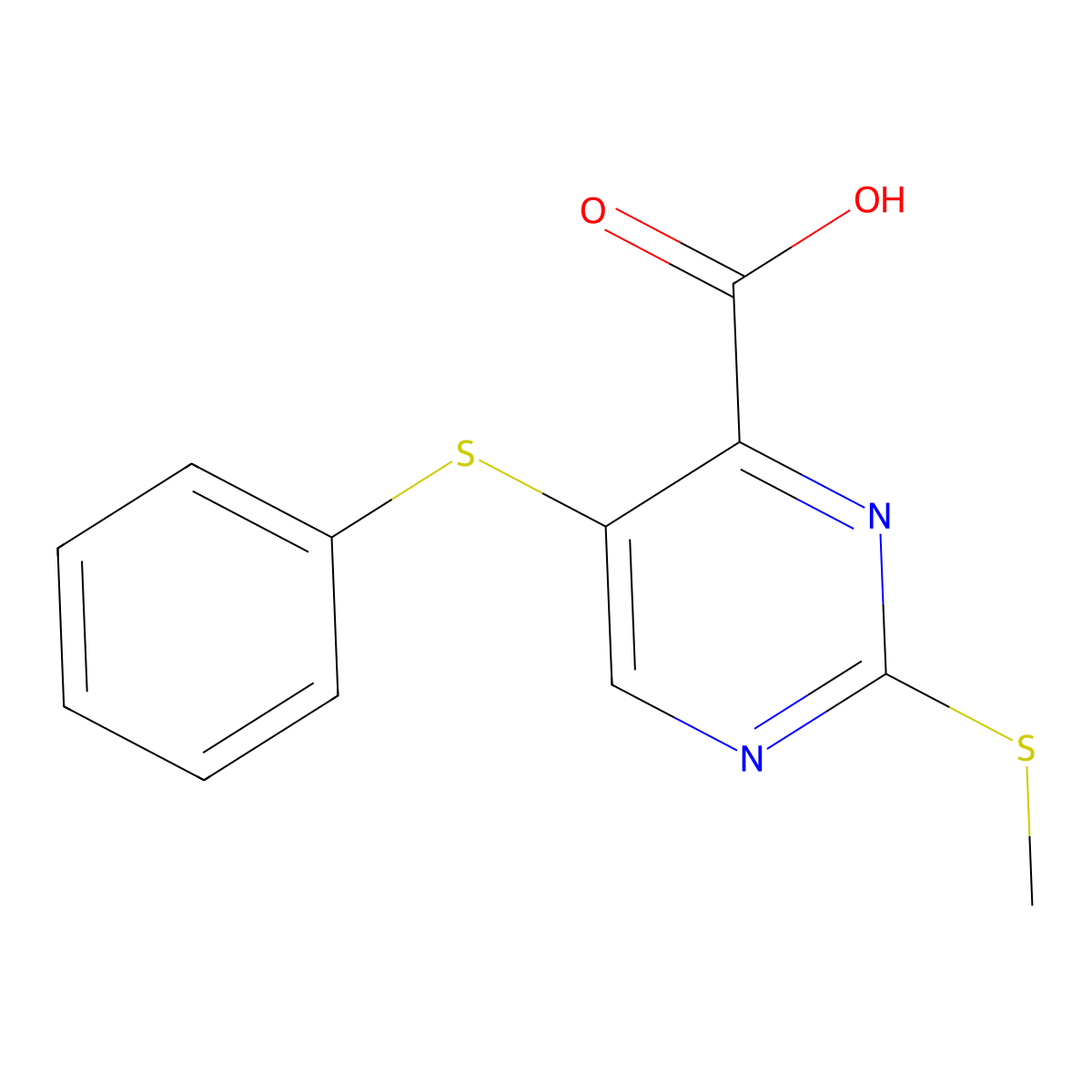 4-Pyrimidinecarboxylic acid, 2-(methylthio)-5-(phenylthio)- molecular structure, CAS 61727-07-9