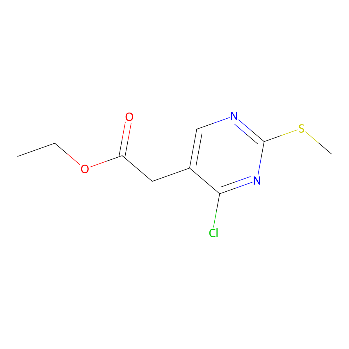 Ethyl 2-[4-chloro-2-(methylsulfanyl)pyrimidin-5-yl]acetate molecular structure, CAS 61727-34-2