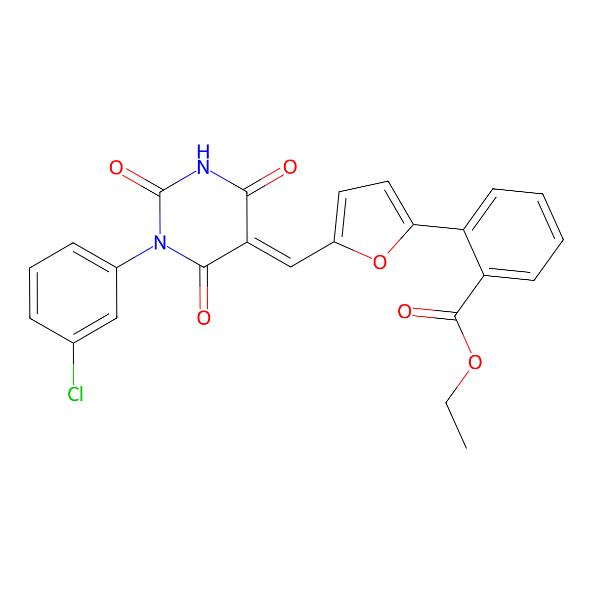Ethyl 2-[5-[[1-(3-chlorophenyl)-2,4,6-trioxo-1,3-diazinan-5-ylidene]methyl]furan-2-yl]benzoate molecular structure, CAS 6176-74-5