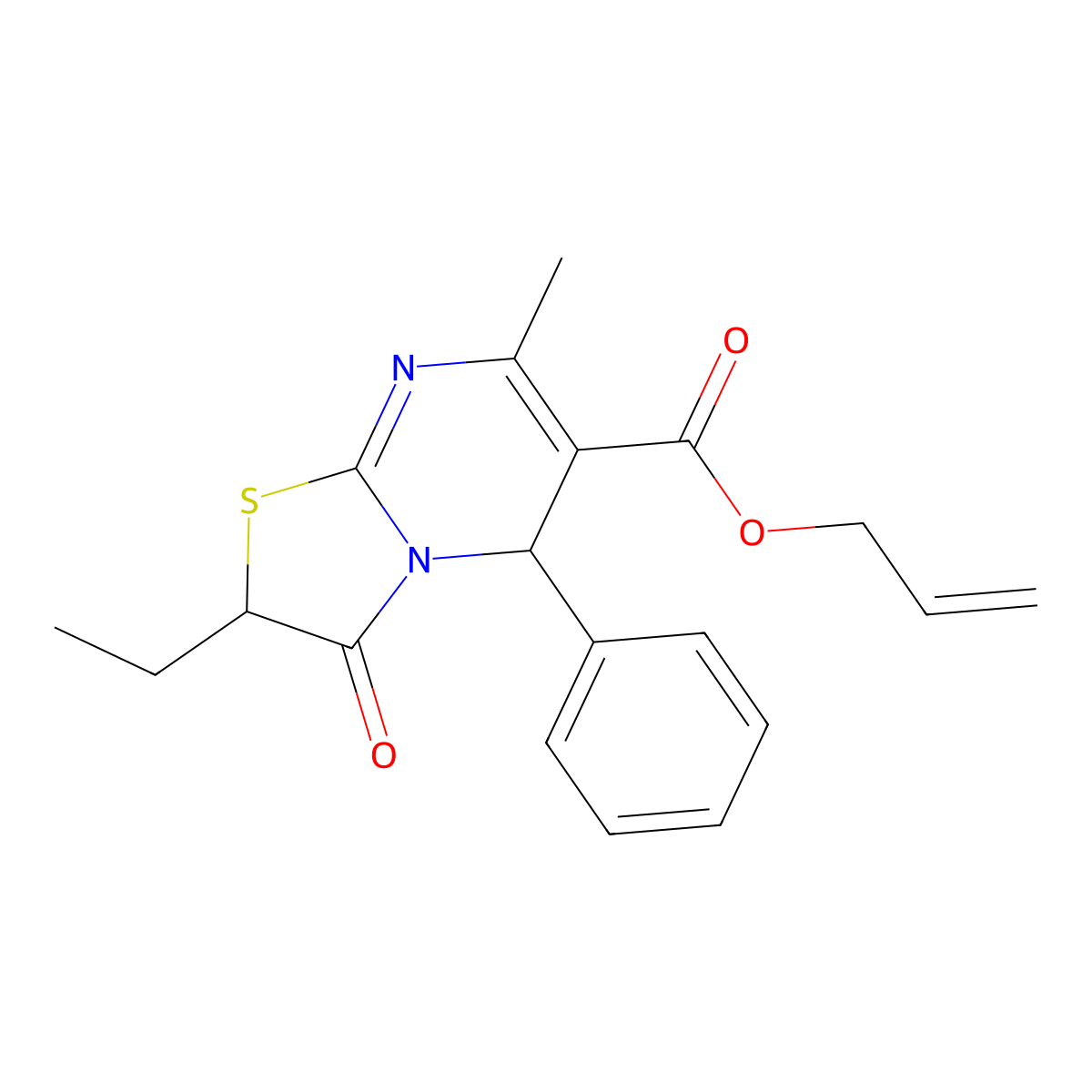Allyl 2-ethyl-7-methyl-3-oxo-5-phenyl-2,3-dihydro-5H-(1,3)thiazolo(3,2-A)pyrimidine-6-carboxylate molecular structure, CAS 617694-06-1