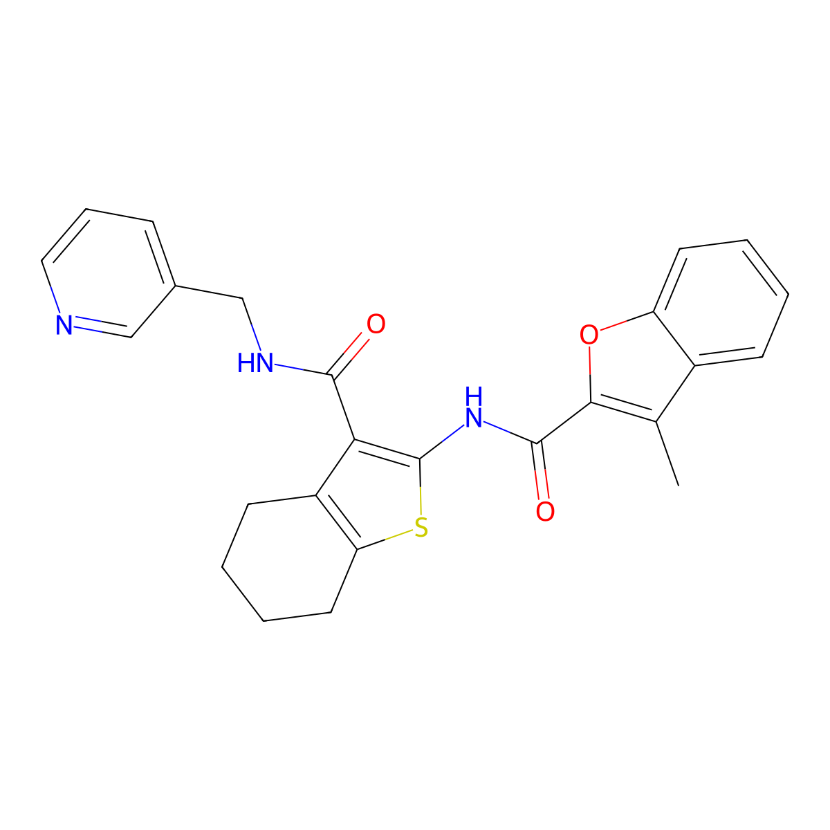 3-Methyl-N-(3-{[(3-pyridinylmethyl)amino]carbonyl}-4,5,6,7-tetrahydro-1-benzothien-2-YL)-1-benzofuran-2-carboxamide molecular structure, CAS 617694-07-2