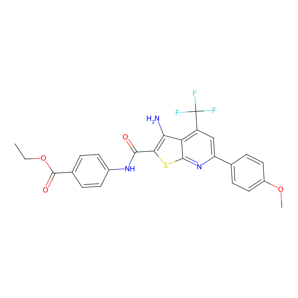 Ethyl 4-(((3-amino-6-(4-methoxyphenyl)-4-(trifluoromethyl)thieno(2,3-B)pyridin-2-YL)carbonyl)amino)benzoate molecular structure, CAS 617694-26-5