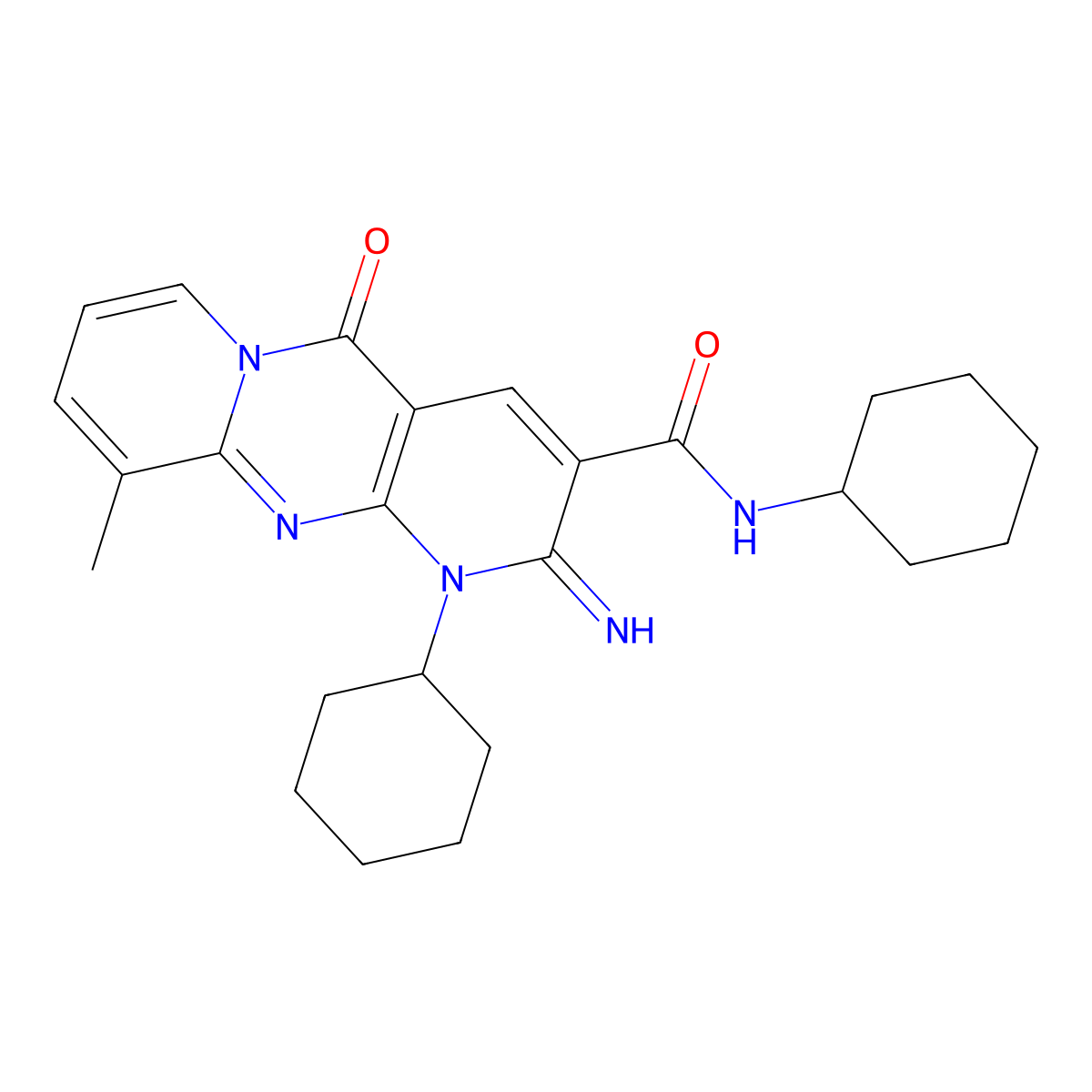 N,1-Dicyclohexyl-2-imino-10-methyl-5-oxo-1,5-dihydro-2H-dipyrido[1,2-A:2,3-D]pyrimidine-3-carboxamide molecular structure, CAS 617694-54-9