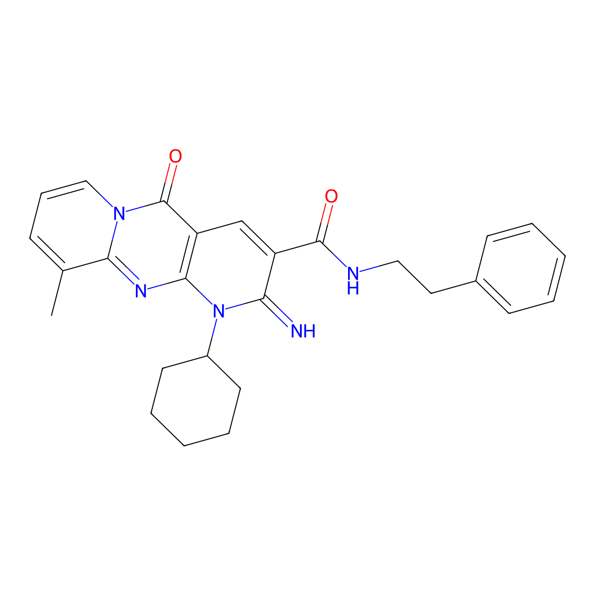 1-Cyclohexyl-2-imino-10-methyl-5-oxo-N-(2-phenylethyl)-1,5-dihydro-2H-dipyrido[1,2-A:2,3-D]pyrimidine-3-carboxamide molecular structure, CAS 617694-56-1
