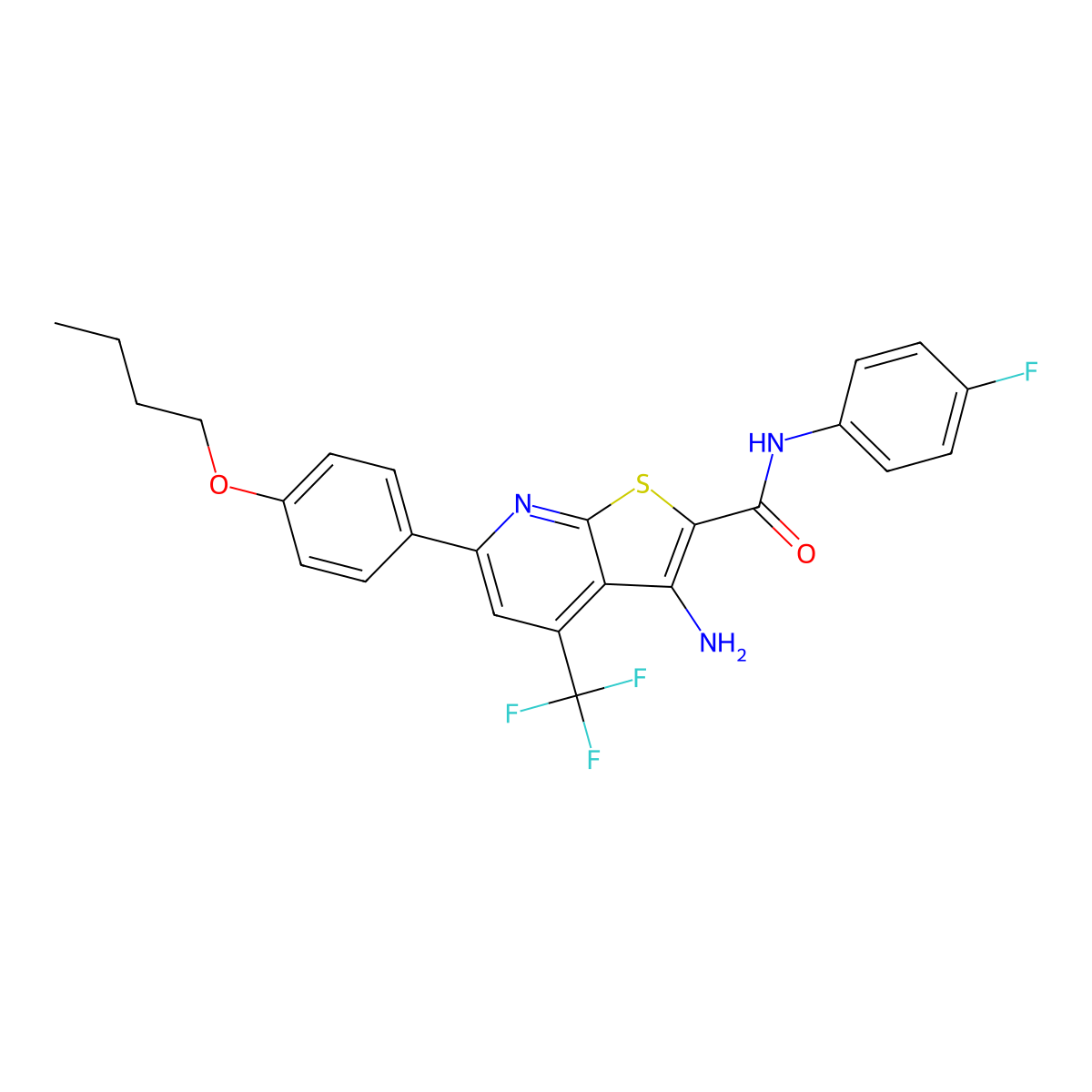 3-Amino-6-(4-butoxyphenyl)-N-(4-fluorophenyl)-4-(trifluoromethyl)thieno(2,3-B)pyridine-2-carboxamide molecular structure, CAS 617696-20-5