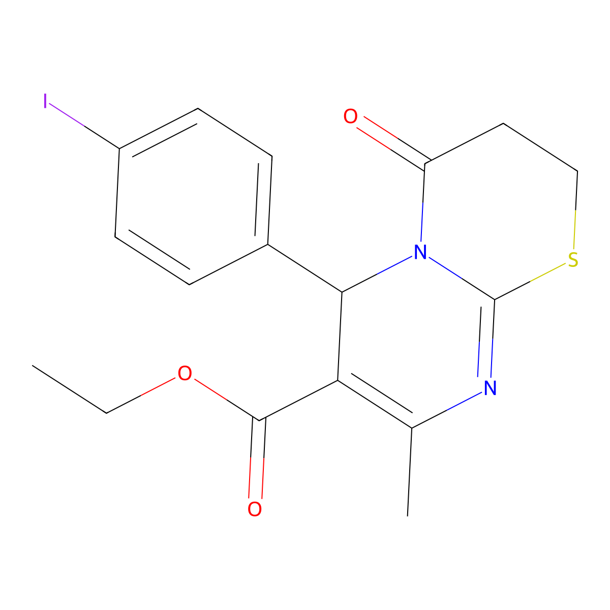 Ethyl 6-(4-iodophenyl)-8-methyl-4-oxo-3,4-dihydro-2H,6H-pyrimido(2,1-B)(1,3)thiazine-7-carboxylate molecular structure, CAS 617697-14-0