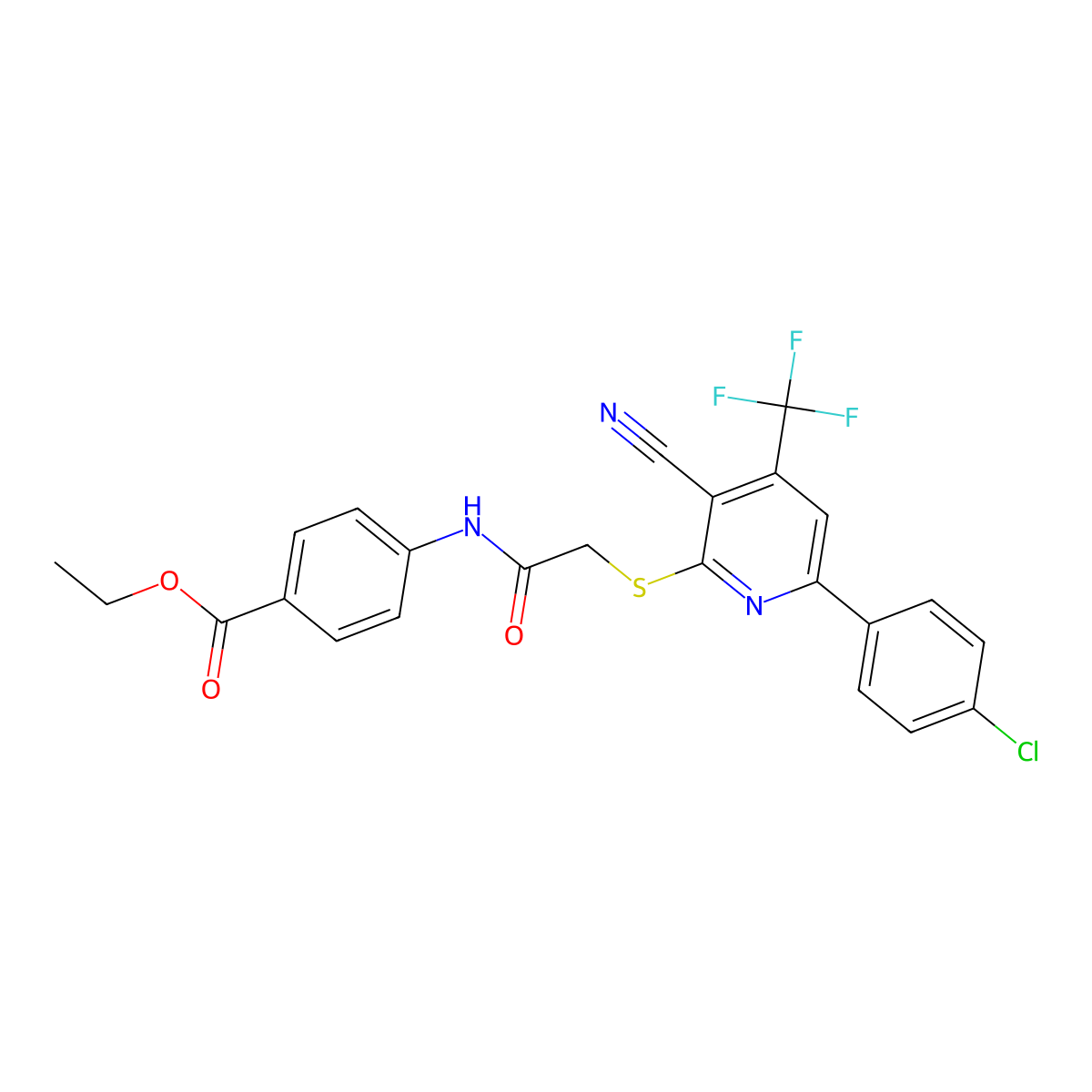 Ethyl 4-((((6-(4-chlorophenyl)-3-cyano-4-(trifluoromethyl)-2-pyridinyl)sulfanyl)acetyl)amino)benzoate molecular structure, CAS 617697-46-8