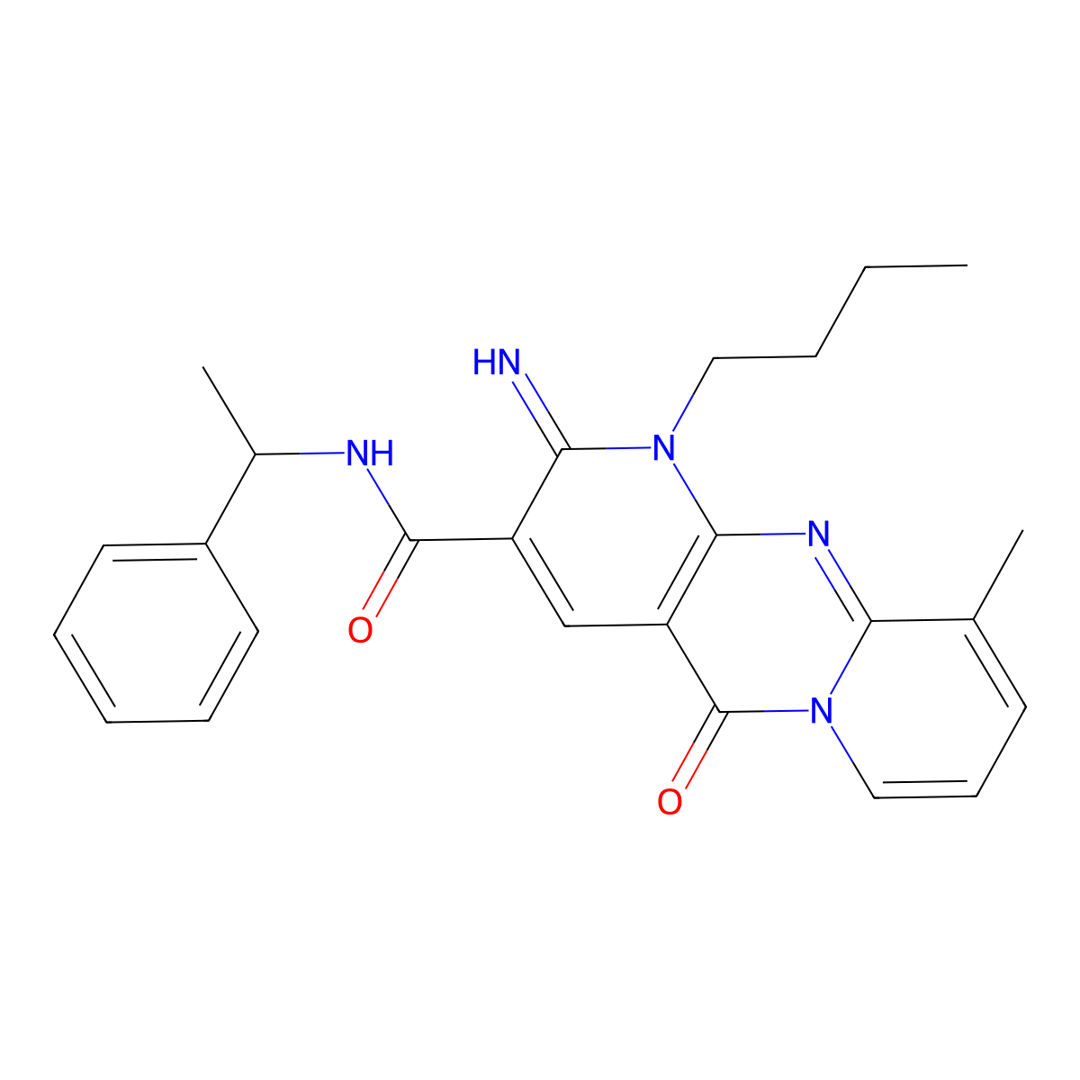 1-Butyl-2-imino-10-methyl-5-oxo-N-(1-phenylethyl)-1,5-dihydro-2H-dipyrido[1,2-A:2,3-D]pyrimidine-3-carboxamide molecular structure, CAS 617697-67-3