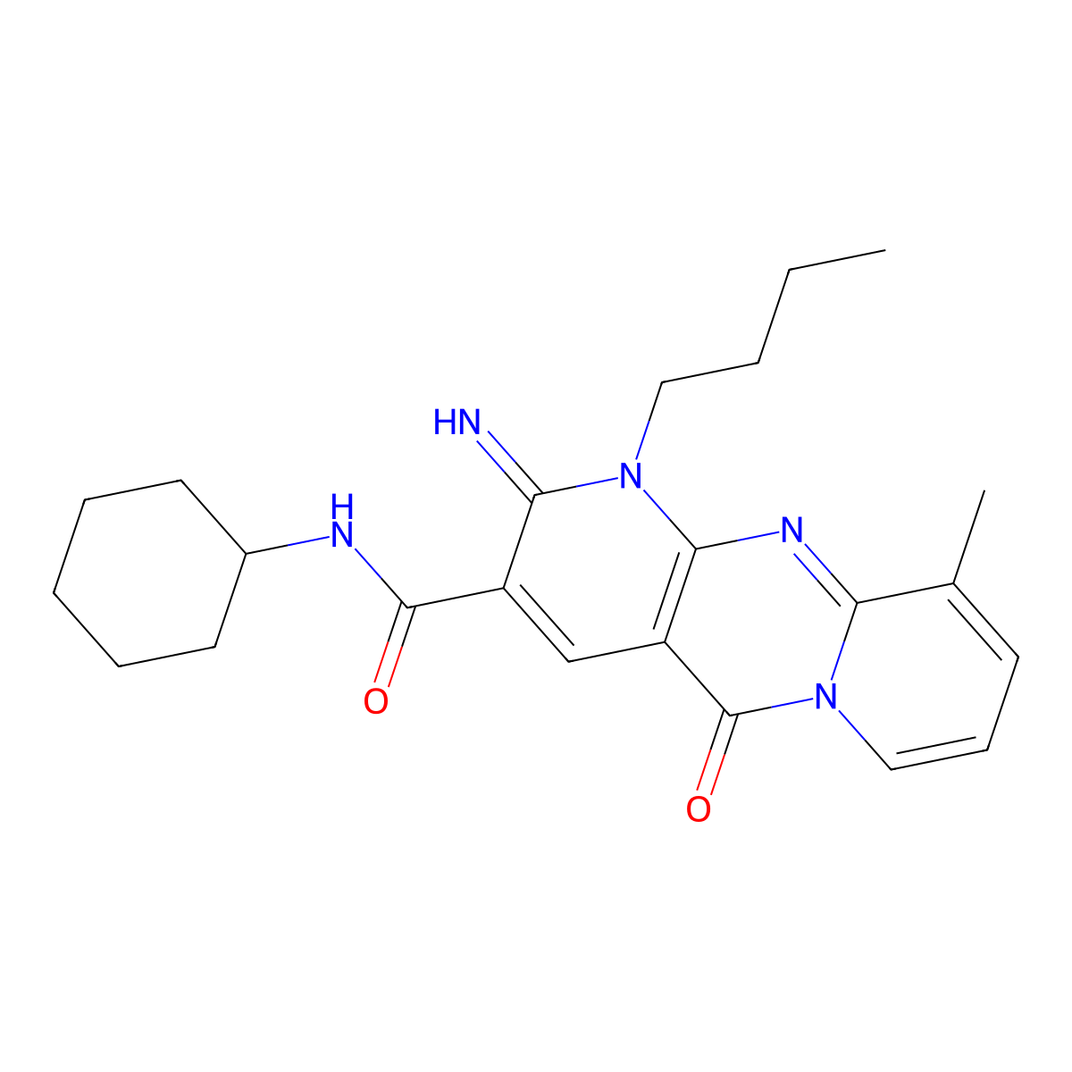 1-Butyl-N-cyclohexyl-2-imino-10-methyl-5-oxo-1,5-dihydro-2H-dipyrido(1,2-A:2,3-D)pyrimidine-3-carboxamide molecular structure, CAS 617697-68-4