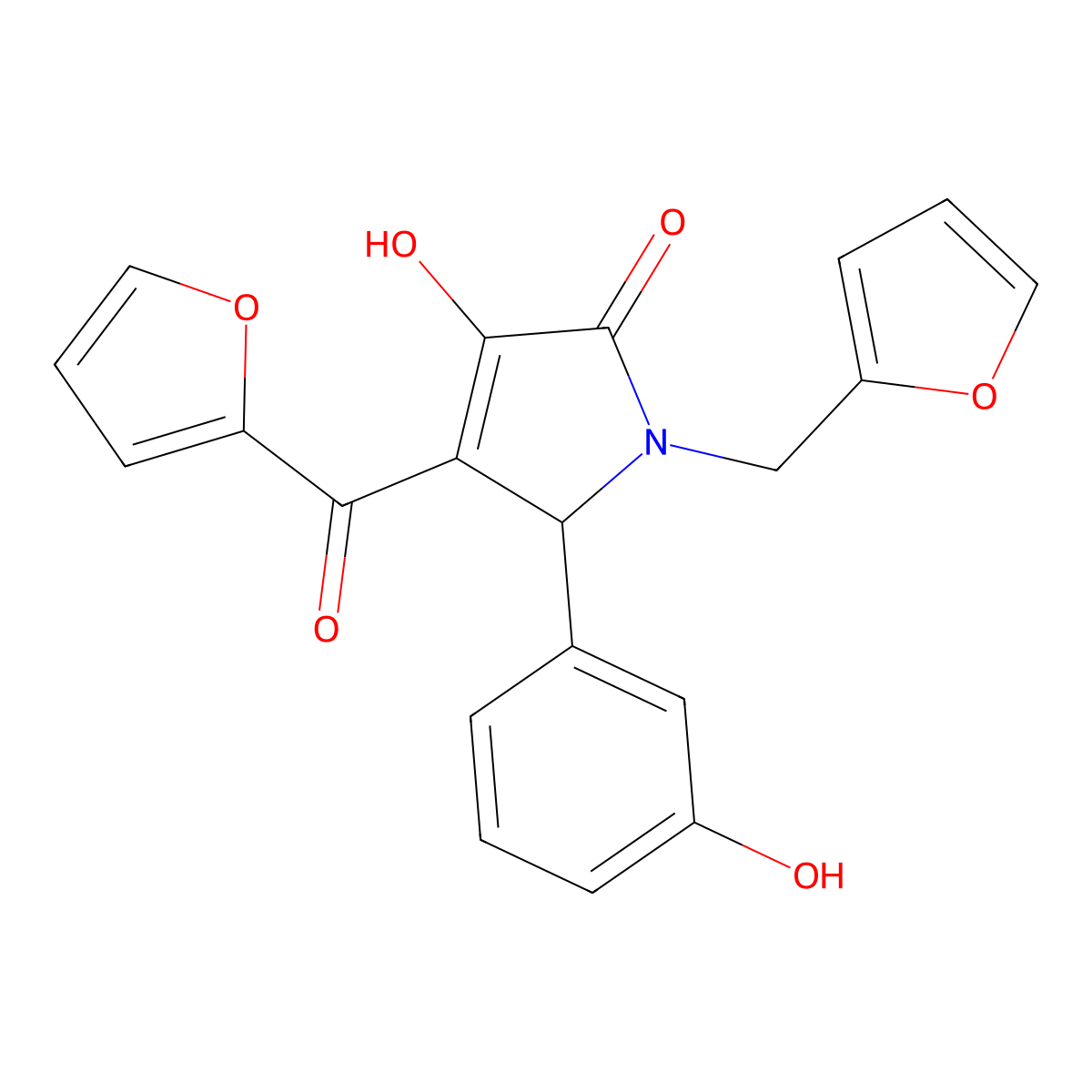 4-(2-Furoyl)-1-(2-furylmethyl)-3-hydroxy-5-(3-hydroxyphenyl)-1,5-dihydro-2H-pyrrol-2-one molecular structure, CAS 618072-47-2