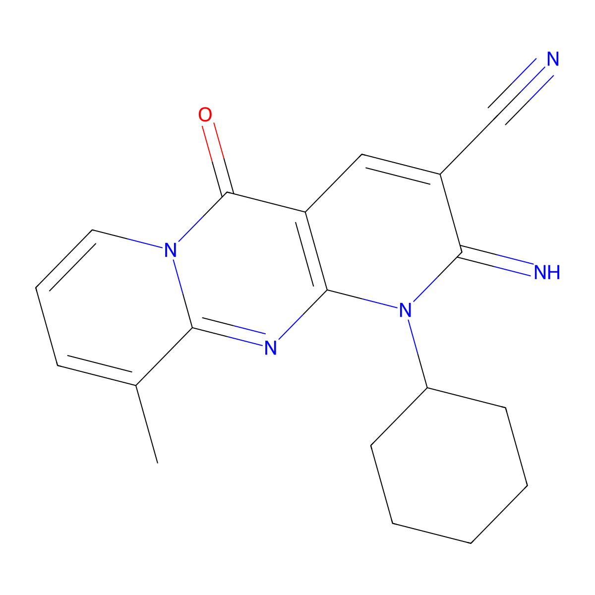1-Cyclohexyl-2-imino-10-methyl-5-oxo-1,5-dihydro-2H-dipyrido[1,2-A:2,3-D]pyrimidine-3-carbonitrile molecular structure, CAS 618073-67-9