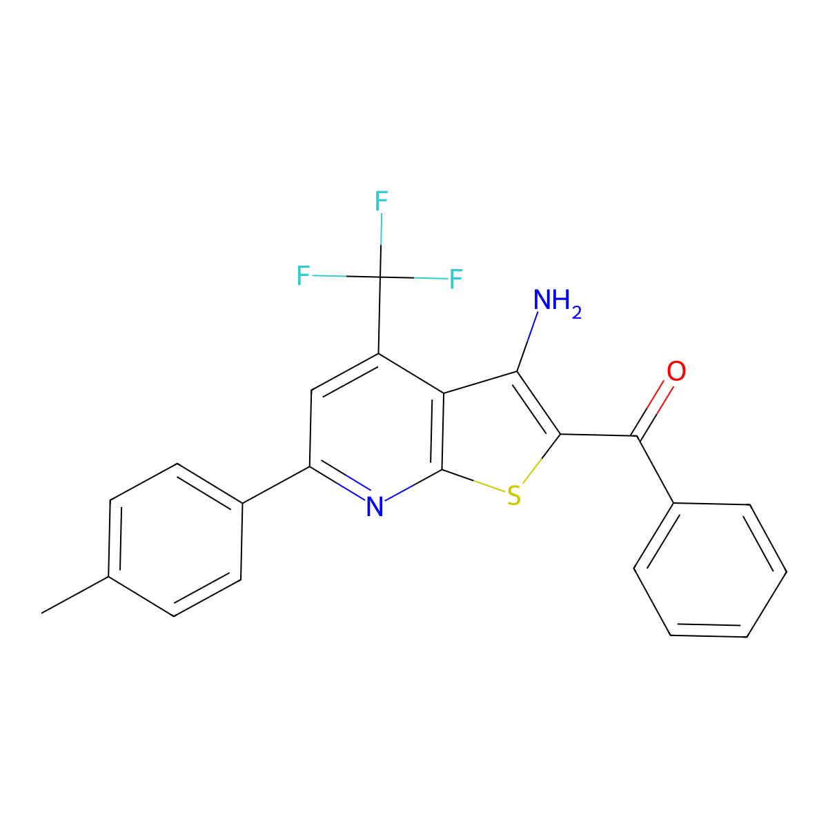(3-Amino-6-(4-methylphenyl)-4-(trifluoromethyl)thieno(2,3-B)pyridin-2-YL)(phenyl)methanone molecular structure, CAS 618074-38-7