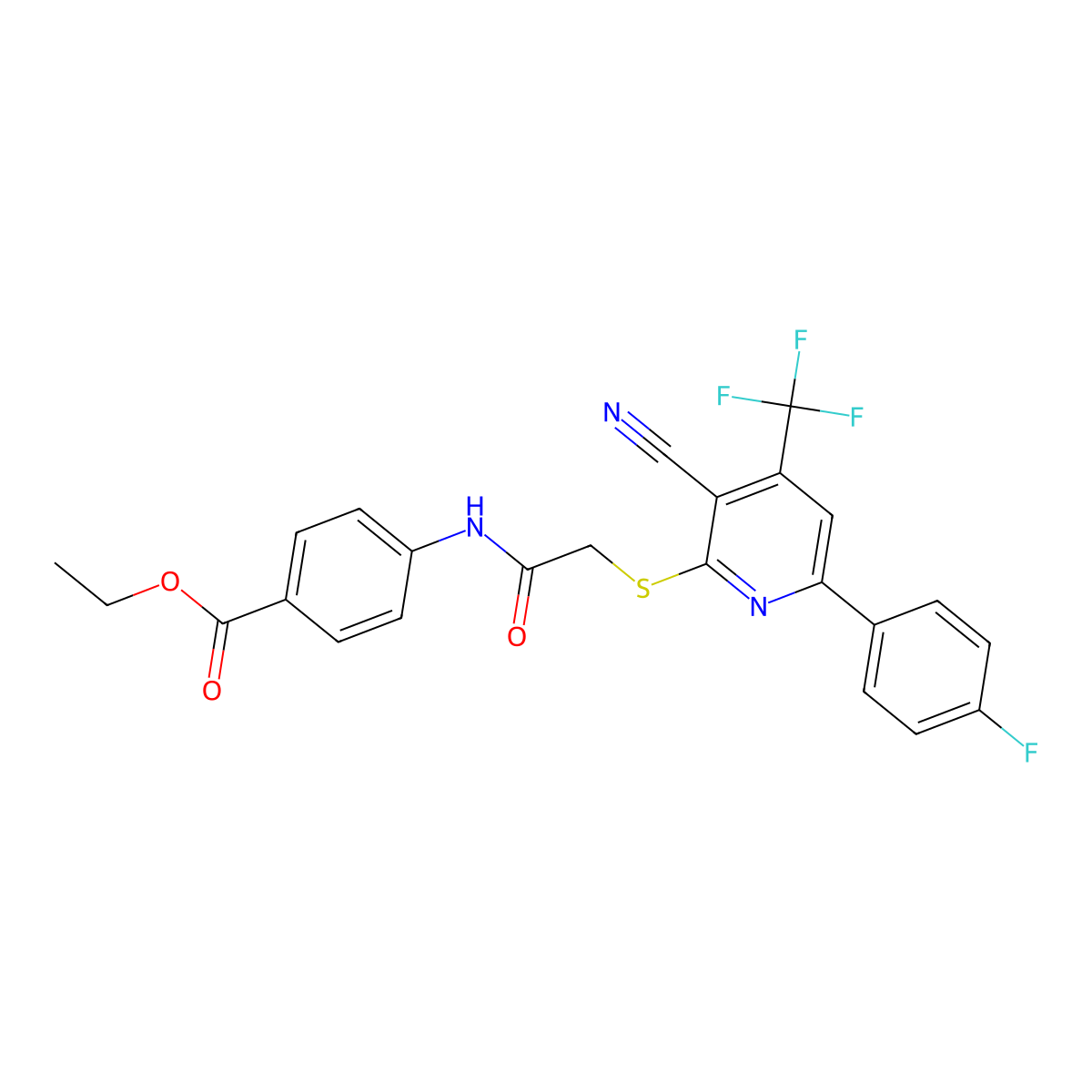 Ethyl 4-[({[3-cyano-6-(4-fluorophenyl)-4-(trifluoromethyl)-2-pyridinyl]sulfanyl}acetyl)amino]benzoate molecular structure, CAS 618074-40-1