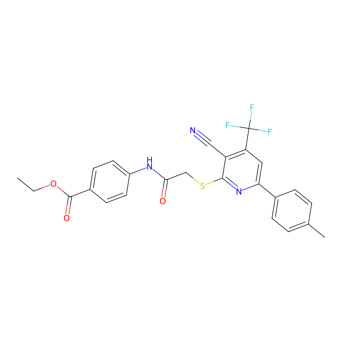 Ethyl 4-[({[3-cyano-6-(4-methylphenyl)-4-(trifluoromethyl)-2-pyridinyl]sulfanyl}acetyl)amino]benzoate molecular structure, CAS 618074-66-1