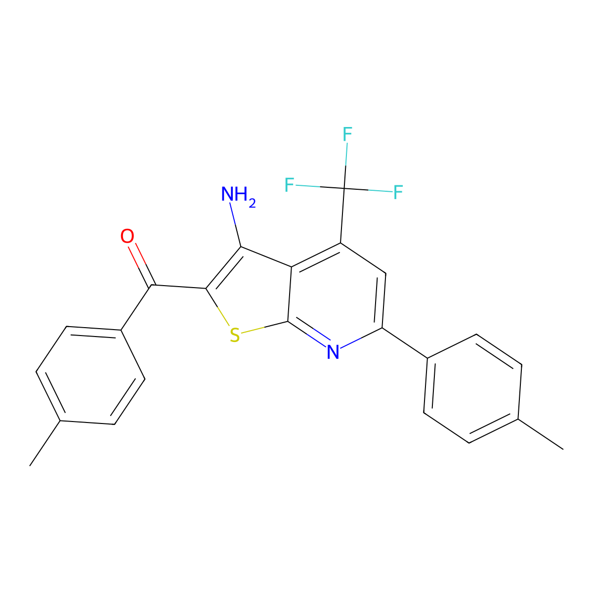 (3-Amino-6-(4-methylphenyl)-4-(trifluoromethyl)thieno(2,3-B)pyridin-2-YL)(4-methylphenyl)methanone molecular structure, CAS 618074-72-9