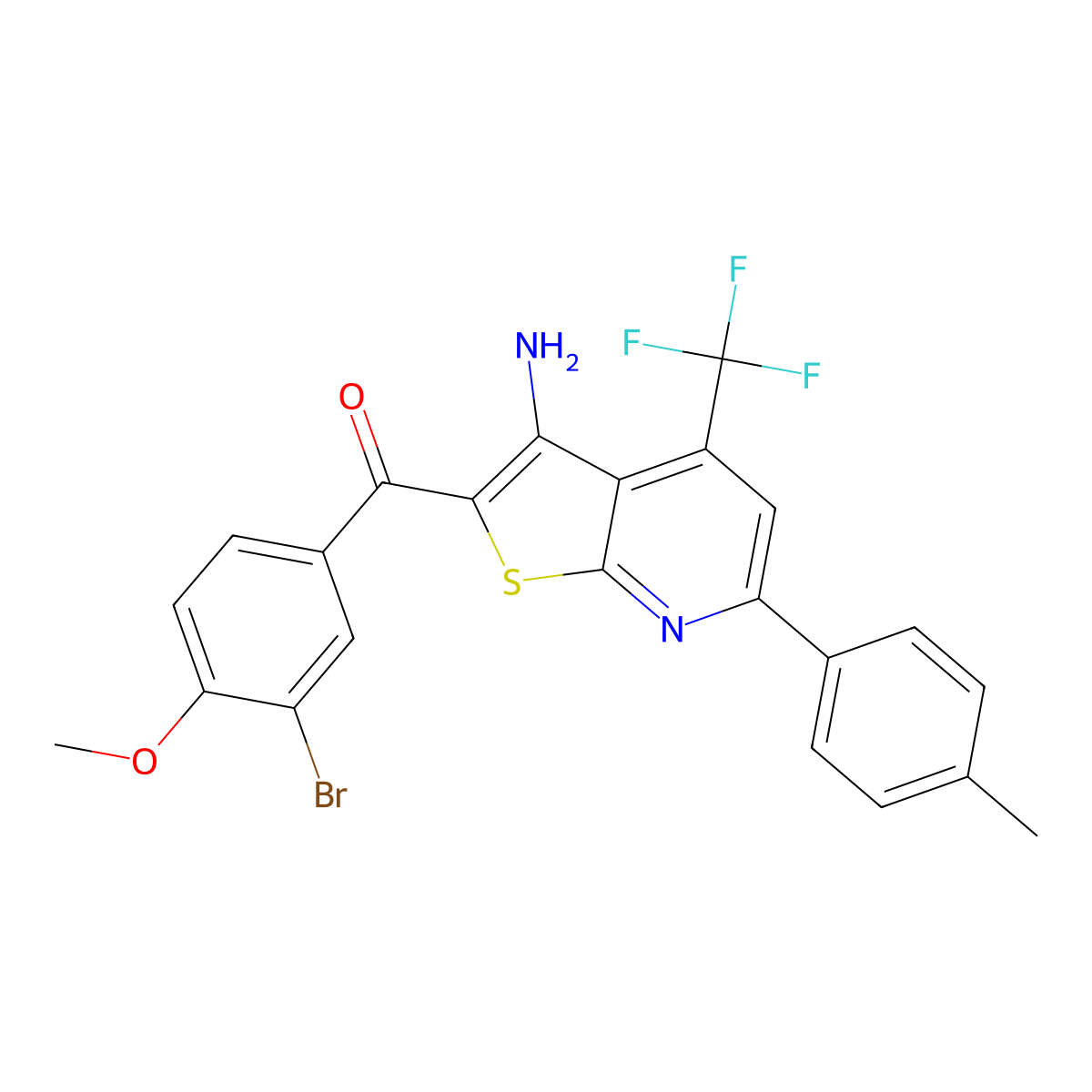 (3-Amino-6-(4-methylphenyl)-4-(trifluoromethyl)thieno(2,3-B)pyridin-2-YL)(3-bromo-4-methoxyphenyl)methanone molecular structure, CAS 618074-82-1
