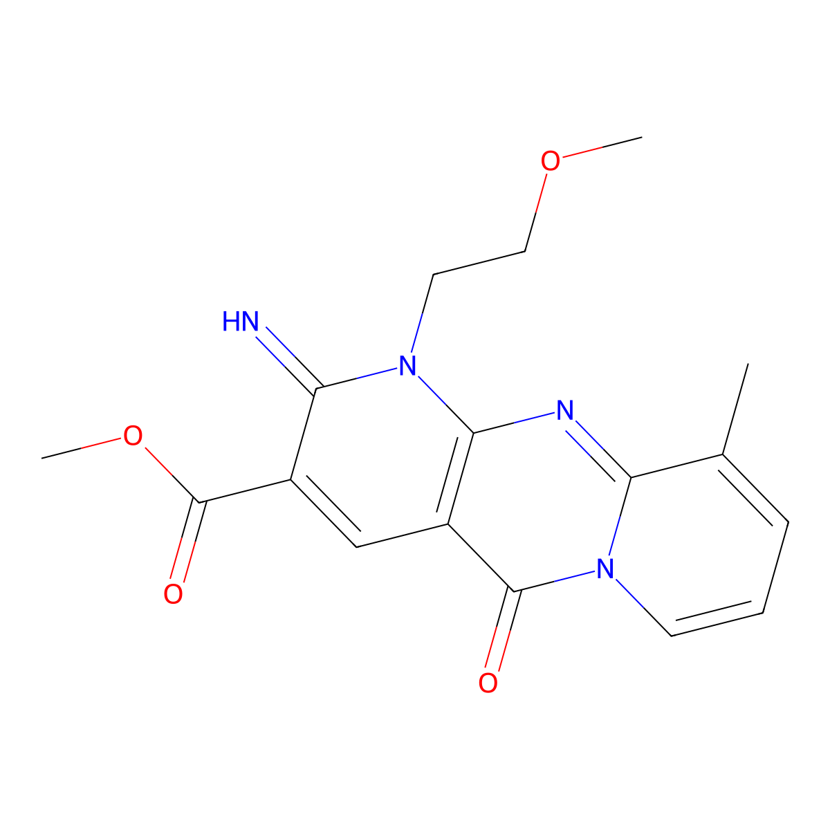 Methyl 2-imino-1-(2-methoxyethyl)-10-methyl-5-oxo-1,5-dihydro-2H-dipyrido[1,2-A:2,3-D]pyrimidine-3-carboxylate molecular structure, CAS 618074-92-3