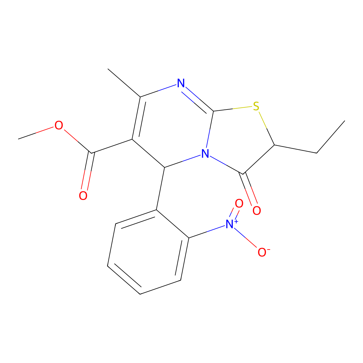 Methyl 2-ethyl-7-methyl-5-(2-nitrophenyl)-3-oxo-2,3-dihydro-5H-(1,3)thiazolo(3,2-A)pyrimidine-6-carboxylate molecular structure, CAS 618075-67-5