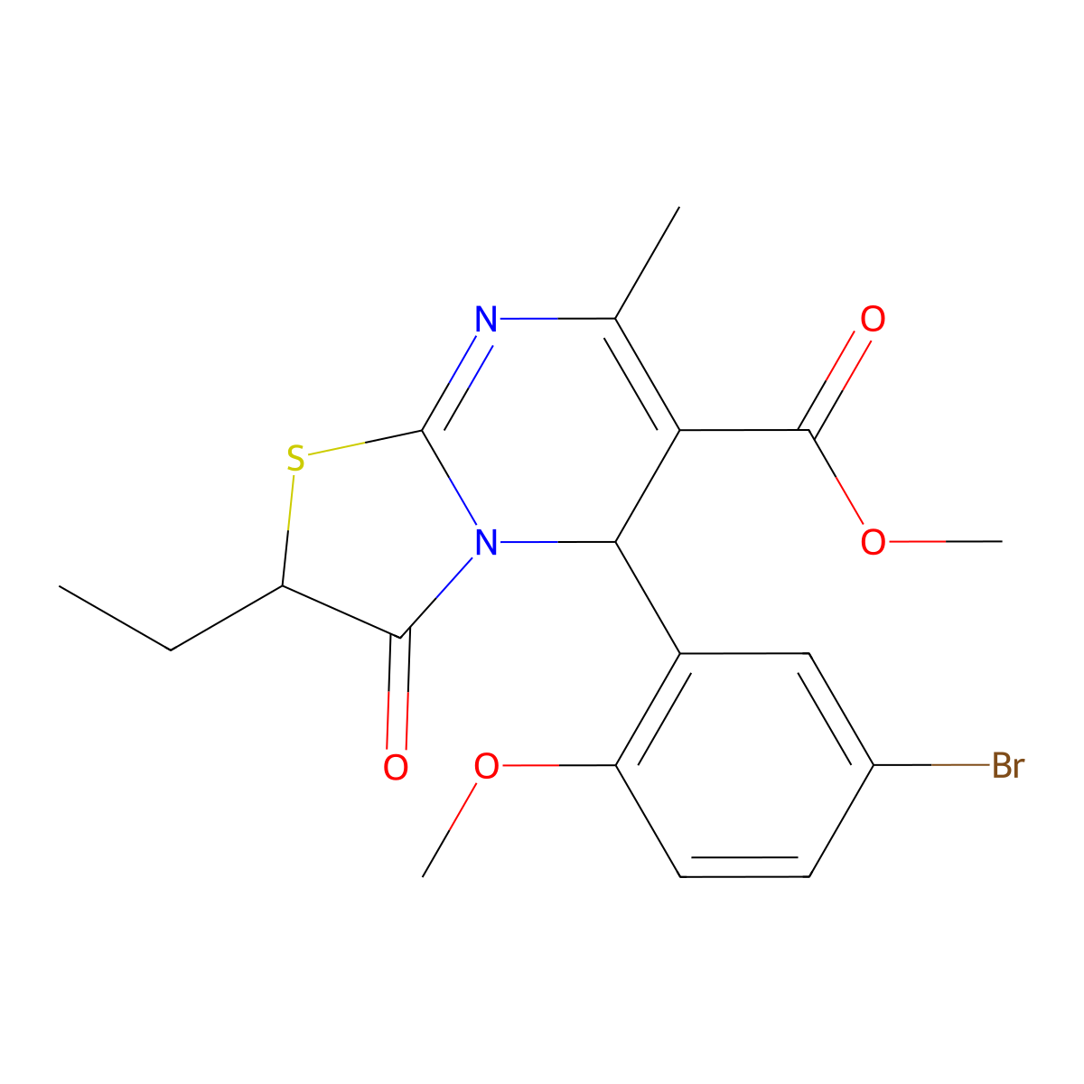 Methyl 5-(5-bromo-2-methoxyphenyl)-2-ethyl-7-methyl-3-oxo-2,3-dihydro-5H-(1,3)thiazolo(3,2-A)pyrimidine-6-carboxylate molecular structure, CAS 618075-71-1