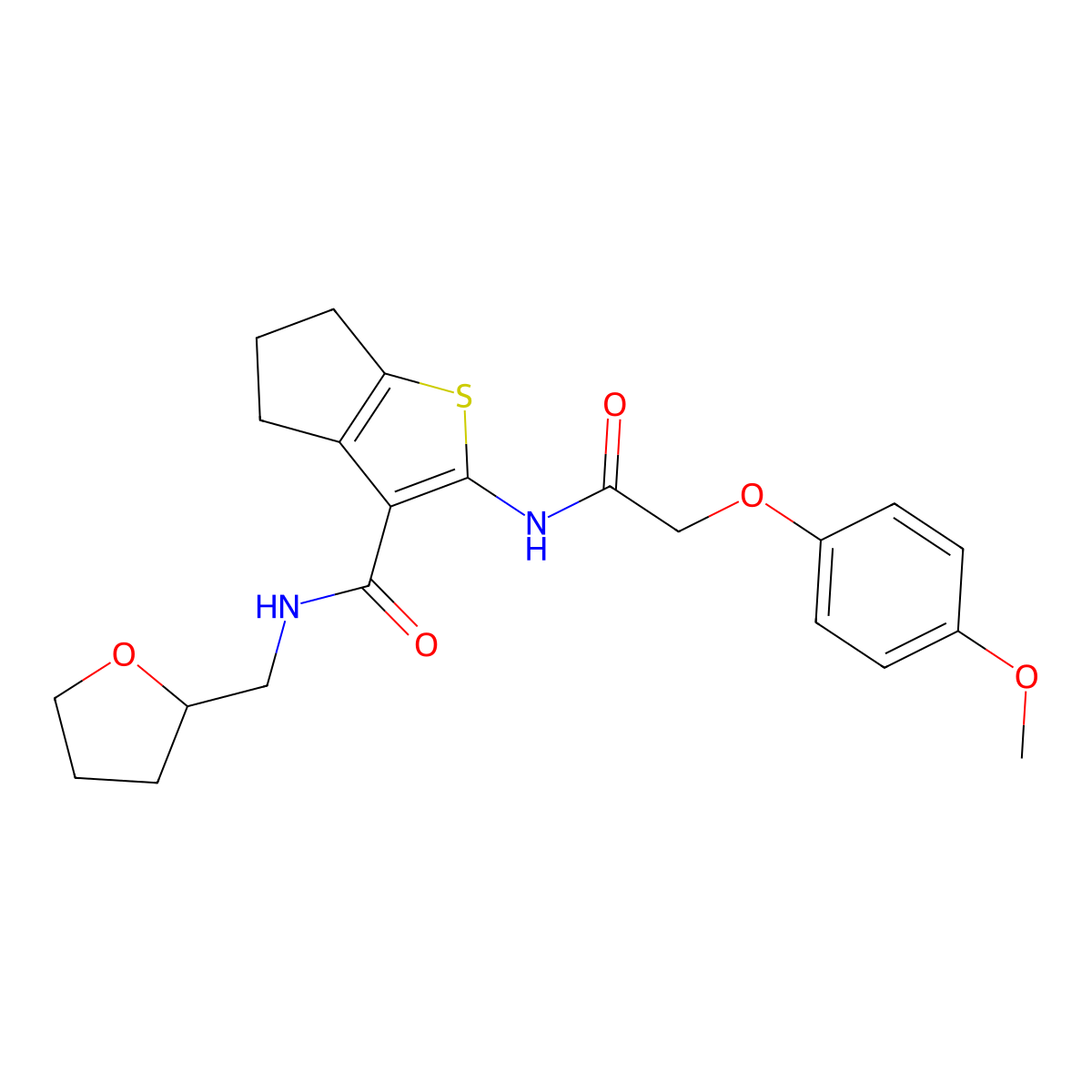 2-{[(4-methoxyphenoxy)acetyl]amino}-N-(tetrahydrofuran-2-ylmethyl)-5,6-dihydro-4H-cyclopenta[b]thiophene-3-carboxamide molecular structure, CAS 618076-35-0