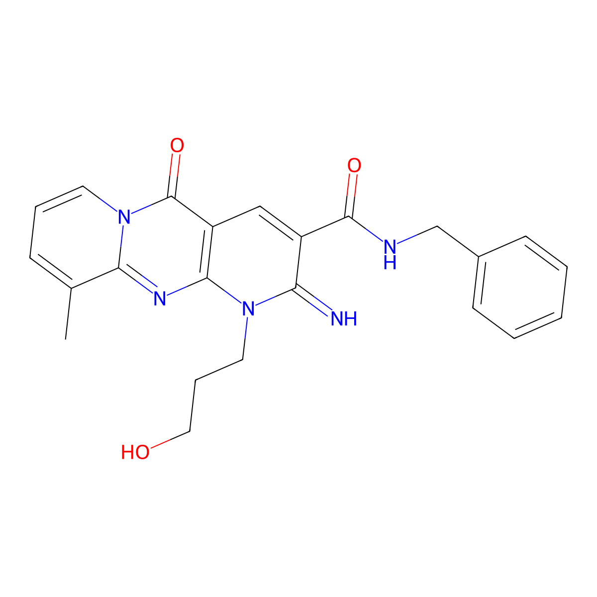 N-Benzyl-1-(3-hydroxypropyl)-2-imino-10-methyl-5-oxo-1,5-dihydro-2H-dipyrido(1,2-A:2,3-D)pyrimidine-3-carboxamide molecular structure, CAS 618076-63-4
