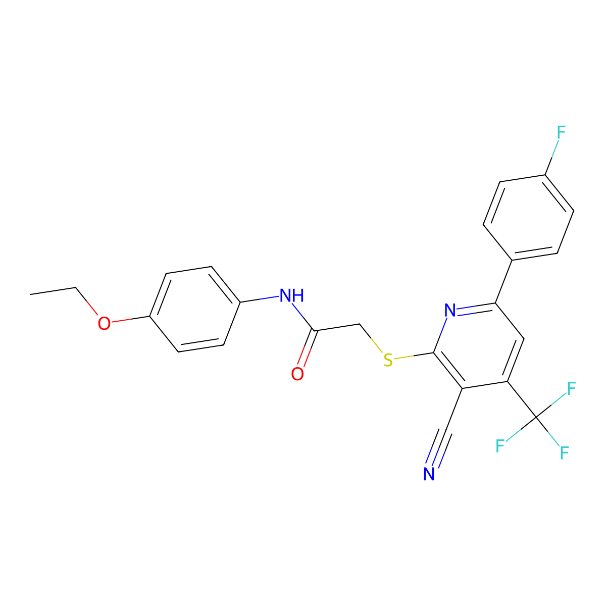 2-{[3-Cyano-6-(4-fluorophenyl)-4-(trifluoromethyl)-2-pyridinyl]sulfanyl}-N-(4-ethoxyphenyl)acetamide molecular structure, CAS 618077-44-4
