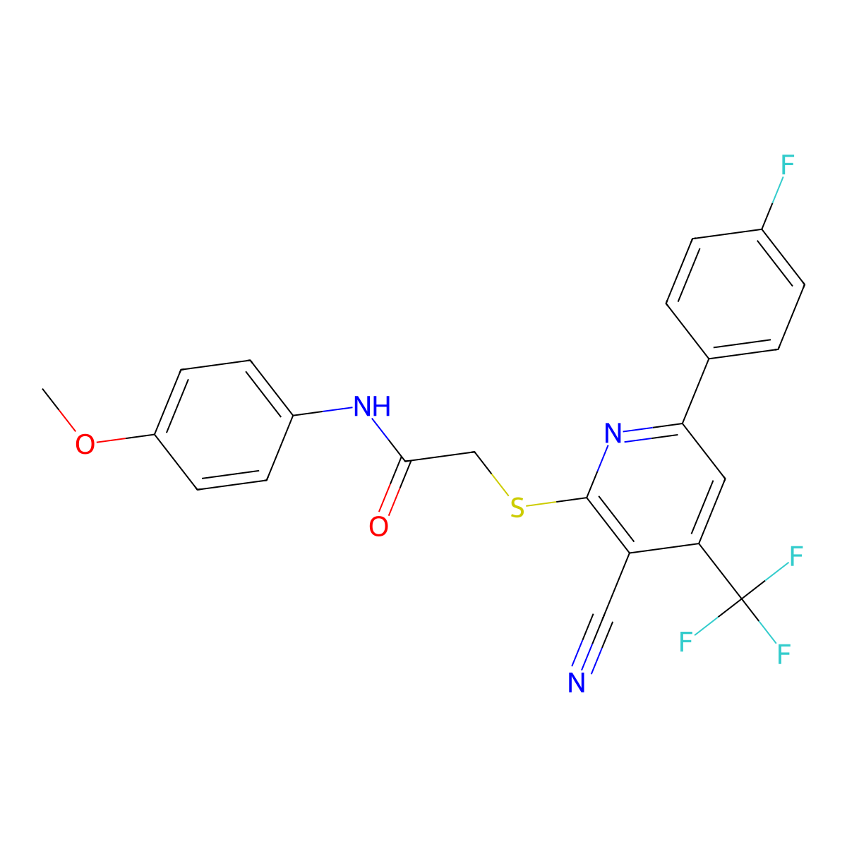2-{[3-Cyano-6-(4-fluorophenyl)-4-(trifluoromethyl)-2-pyridinyl]sulfanyl}-N-(4-methoxyphenyl)acetamide molecular structure, CAS 618077-46-6