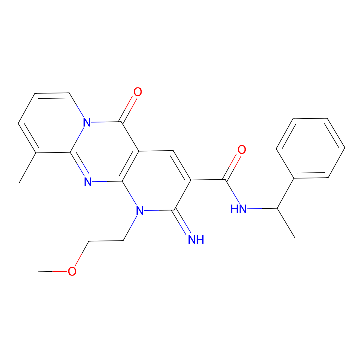 2-Imino-1-(2-methoxyethyl)-10-methyl-5-oxo-N-(1-phenylethyl)-1,5-dihydro-2H-dipyrido[1,2-A:2,3-D]pyrimidine-3-carboxamide molecular structure, CAS 618077-68-2