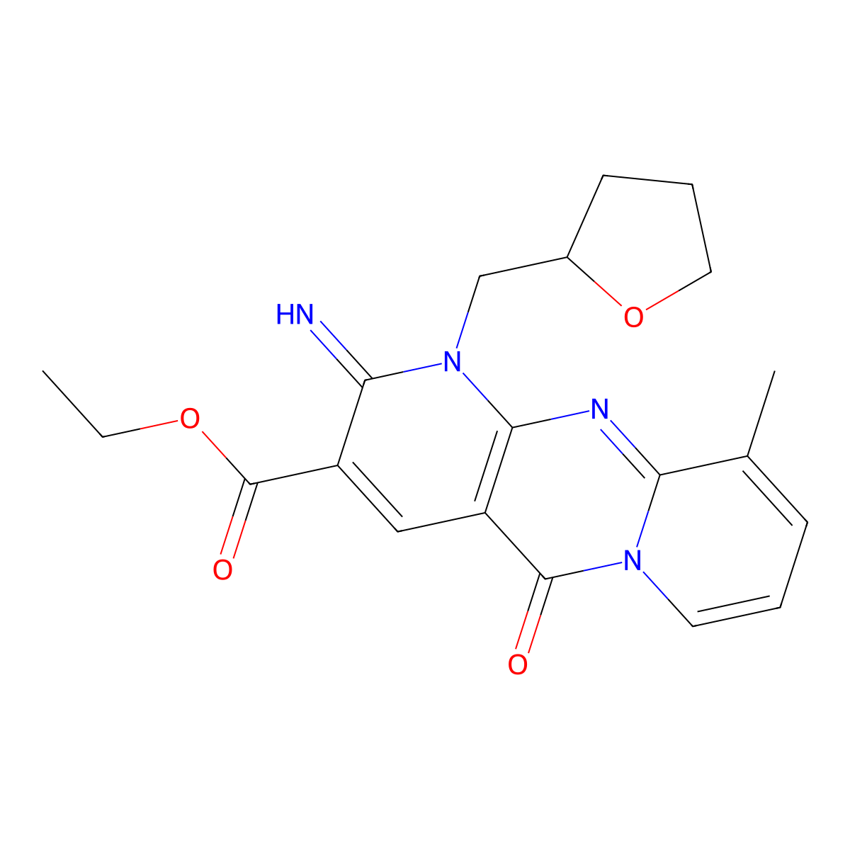 Ethyl 2-imino-10-methyl-5-oxo-1-(tetrahydro-2-furanylmethyl)-1,5-dihydro-2H-dipyrido(1,2-A:2,3-D)pyrimidine-3-carboxylate molecular structure, CAS 618077-74-0