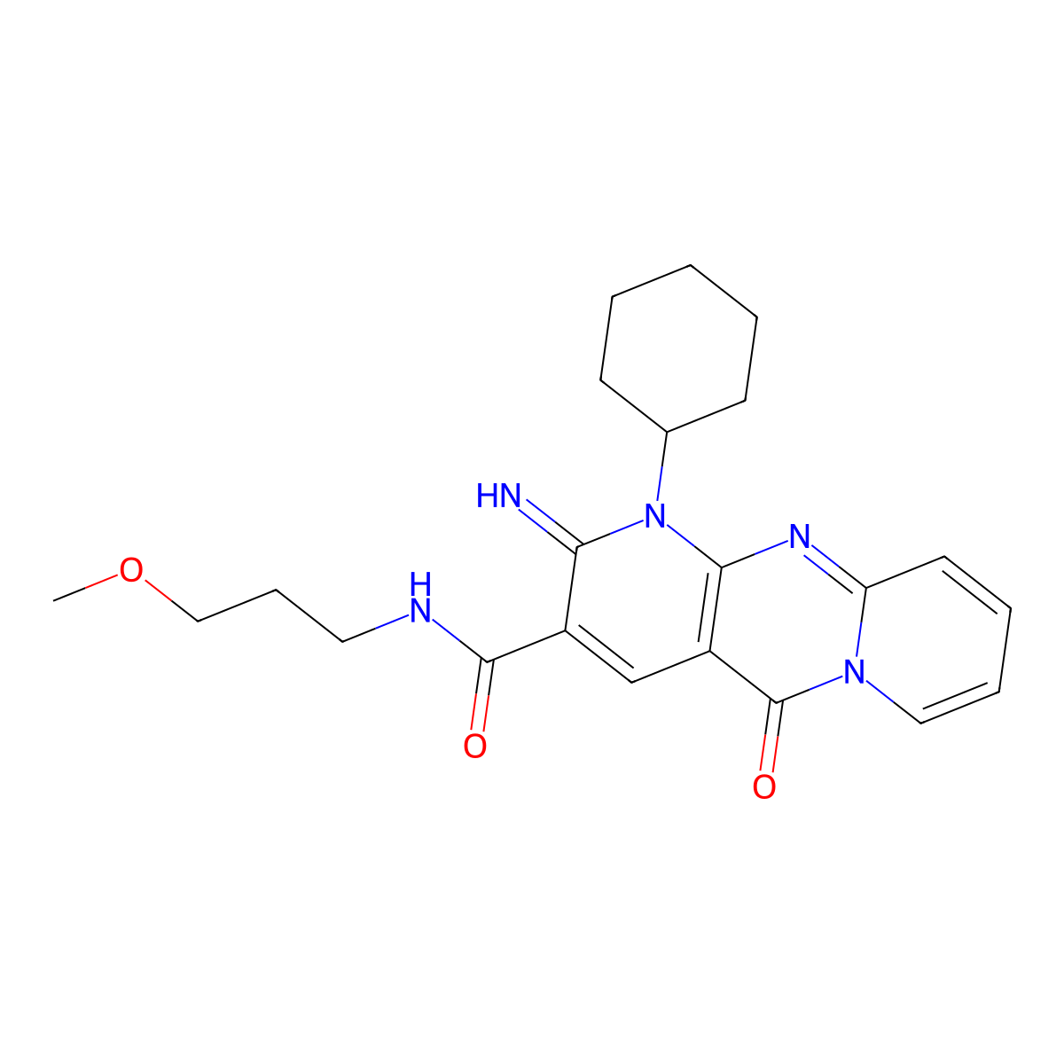 7-cyclohexyl-6-imino-N-(3-methoxypropyl)-2-oxo-1,7,9-triazatricyclo[8.4.0.0^{3,8}]tetradeca-3(8),4,9,11,13-pentaene-5-carboxamide molecular structure, CAS 618077-99-9