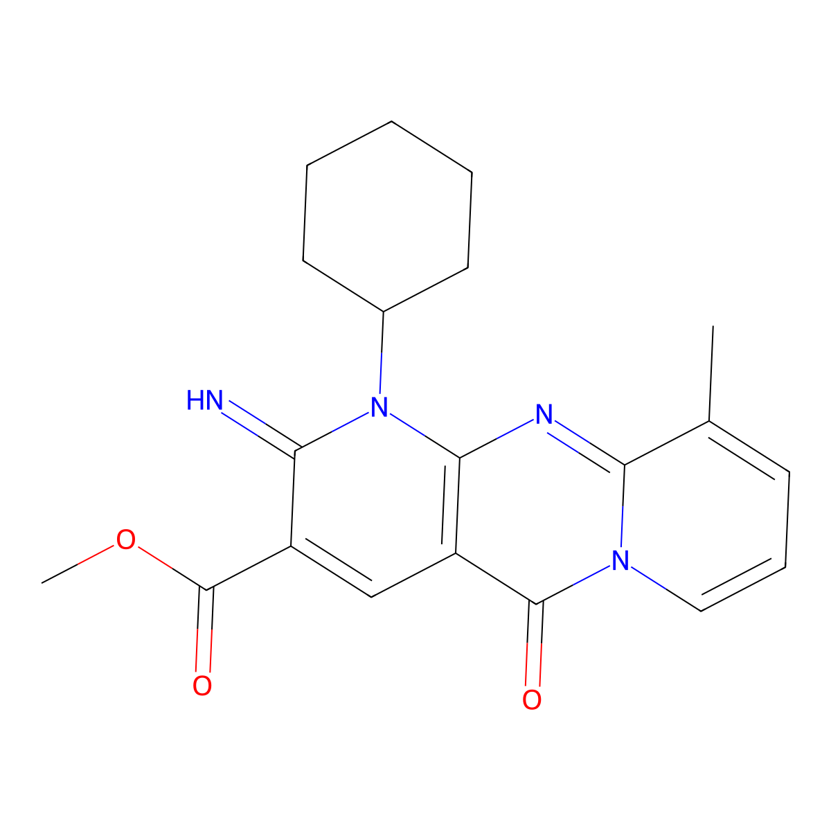 Methyl 1-cyclohexyl-2-imino-10-methyl-5-oxo-1,5-dihydro-2H-dipyrido(1,2-A:2,3-D)pyrimidine-3-carboxylate molecular structure, CAS 618078-31-2