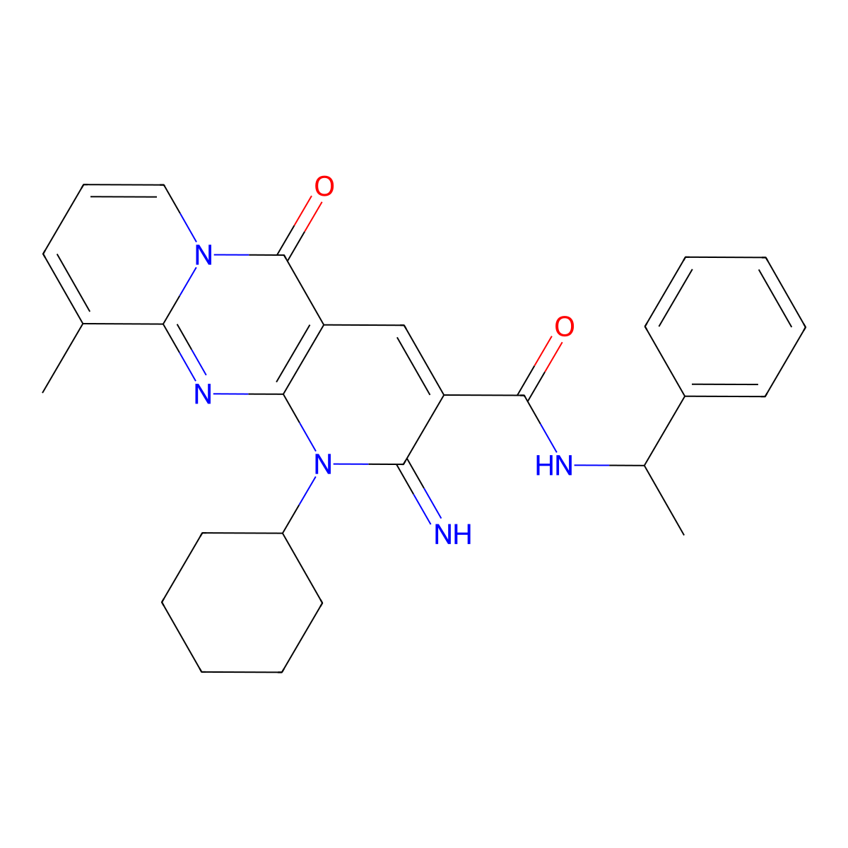 1-Cyclohexyl-2-imino-10-methyl-5-oxo-N-(1-phenylethyl)-1,5-dihydro-2H-dipyrido[1,2-A:2,3-D]pyrimidine-3-carboxamide molecular structure, CAS 618078-34-5