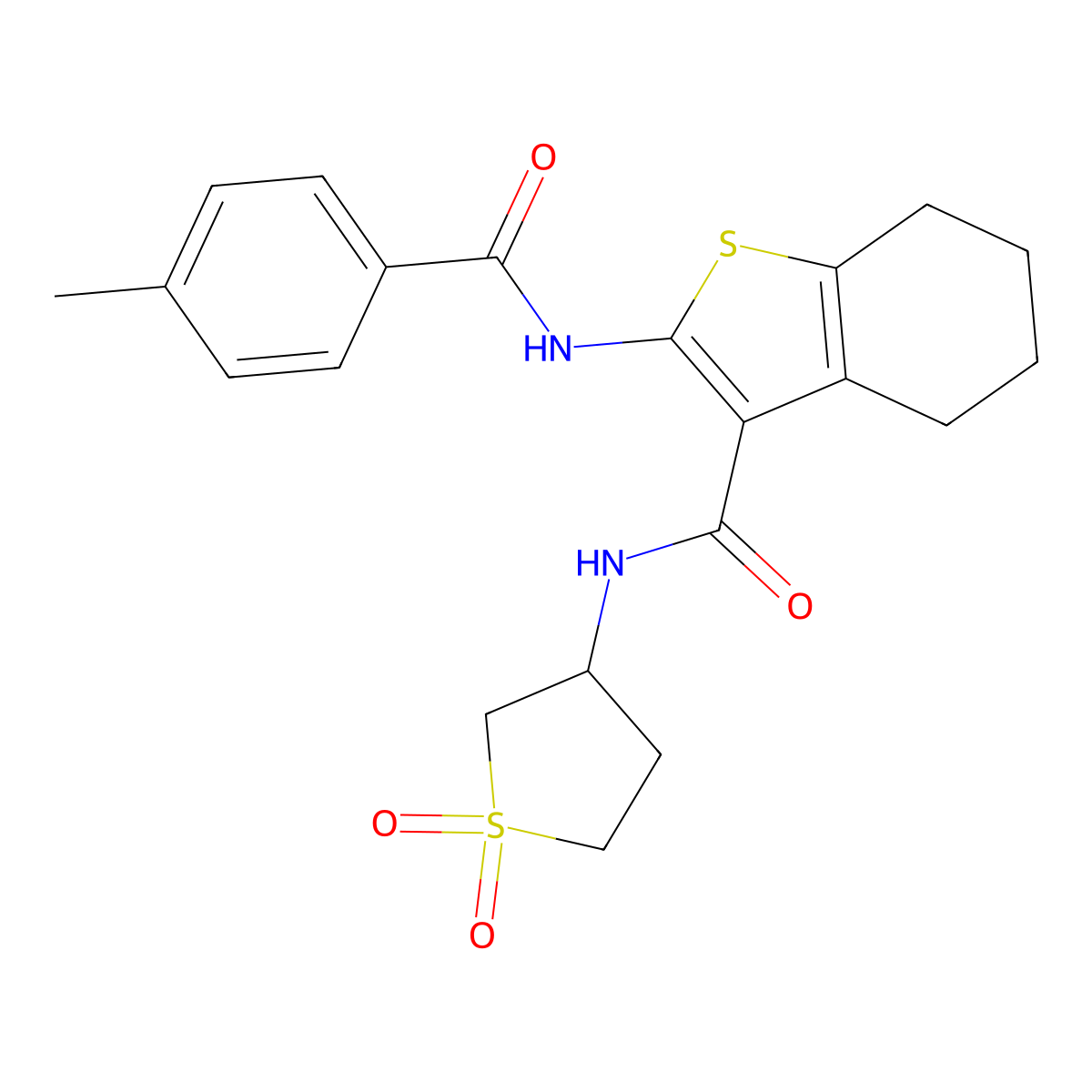 N-(1,1-dioxidotetrahydrothiophen-3-yl)-2-{[(4-methylphenyl)carbonyl]amino}-4,5,6,7-tetrahydro-1-benzothiophene-3-carboxamide molecular structure, CAS 618079-03-1