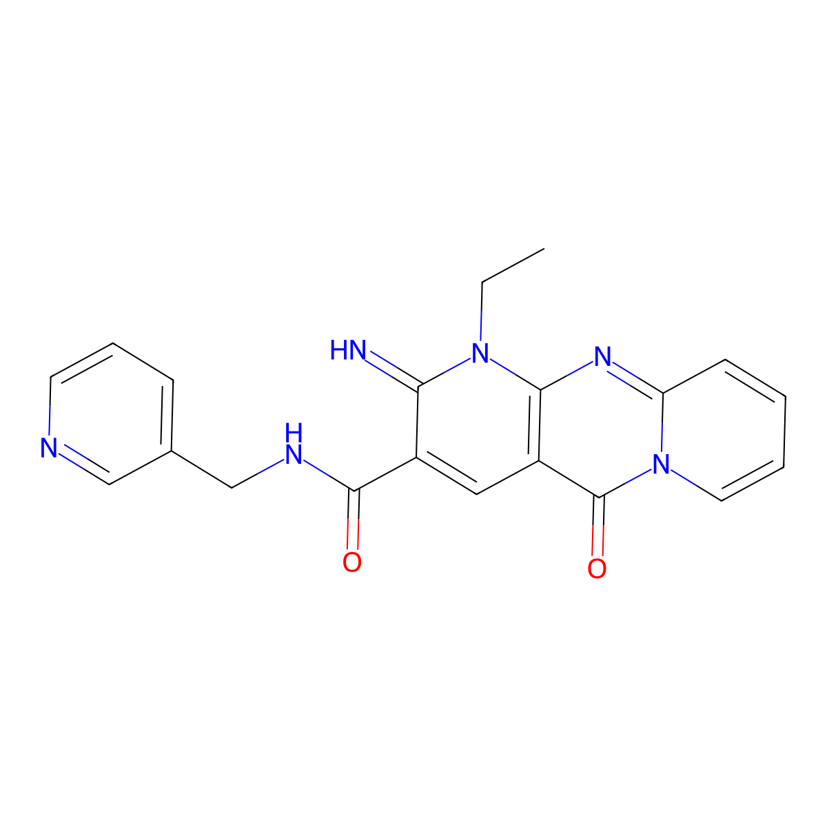 1-ethyl-2-imino-5-oxo-N-(pyridin-3-ylmethyl)-2,5-dihydro-1H-dipyrido[1,2-a:2',3'-d]pyrimidine-3-carboxamide molecular structure, CAS 618079-72-4